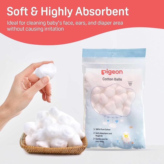 Pigeon 100% Pure Cotton Balls, Soft & Absorbent, Pack of 1 (100 Cotton Balls)