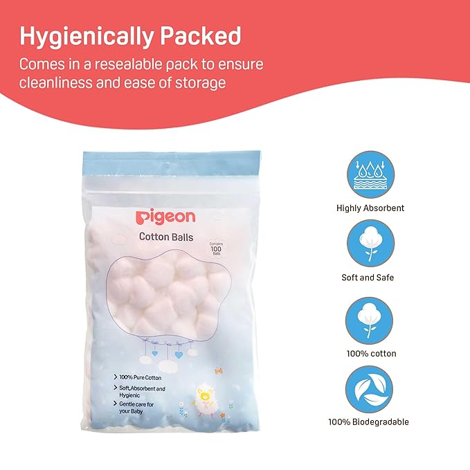 Pigeon 100% Pure Cotton Balls, Soft & Absorbent, Pack of 1 (100 Cotton Balls)