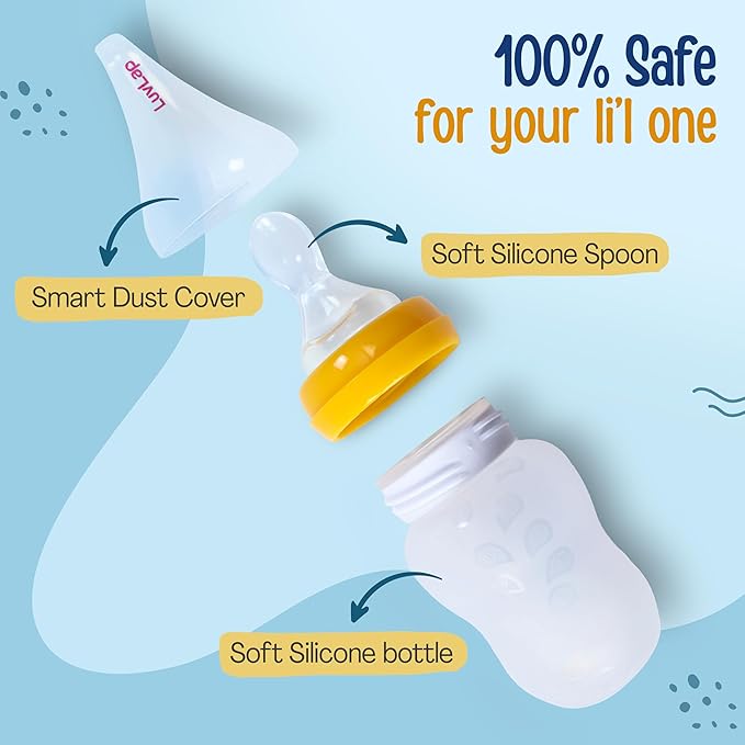 LuvLap Feeding Spoon with Squeezy Food-Grade Silicone Feeder Bottle – 180ml, BPA-Free, designed for infants and babies.