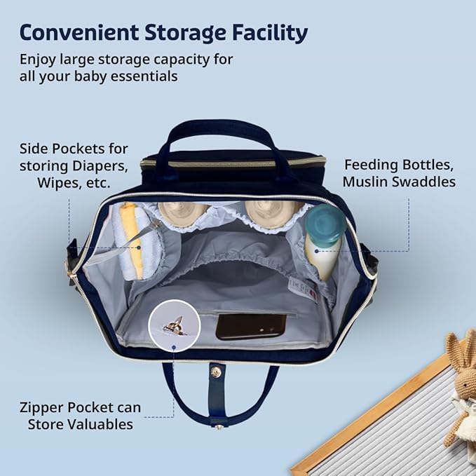 LuvLap Lily Multifunctional Waterproof Diaper Bag – Navy Blue, Large Capacity Travel Backpack & Tote