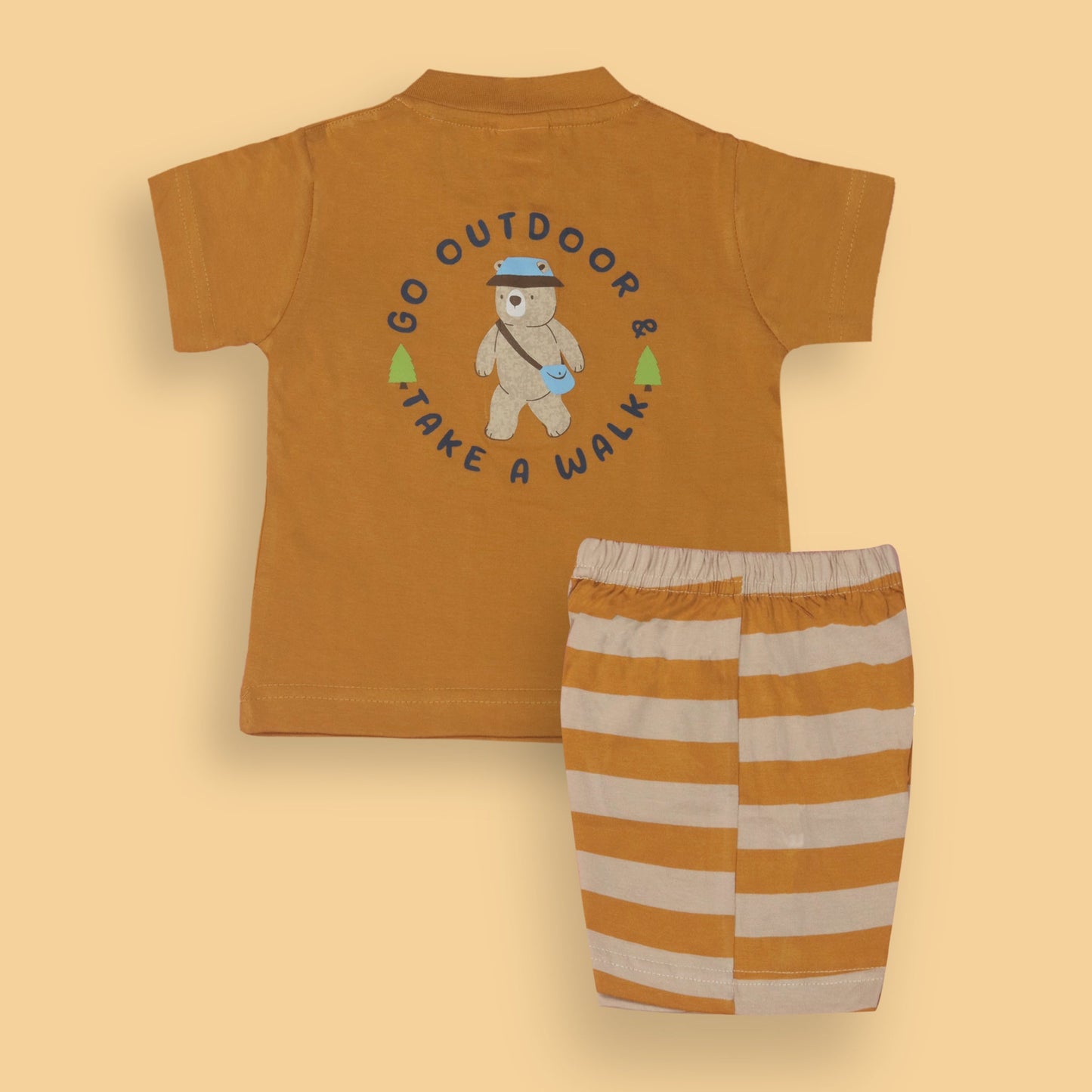 Zero Boys’ Summer Essentials Set – Orange Half Sleeve T-Shirt with Teddy Bear Cartoon & Front Button, Elastic Waist Shorts