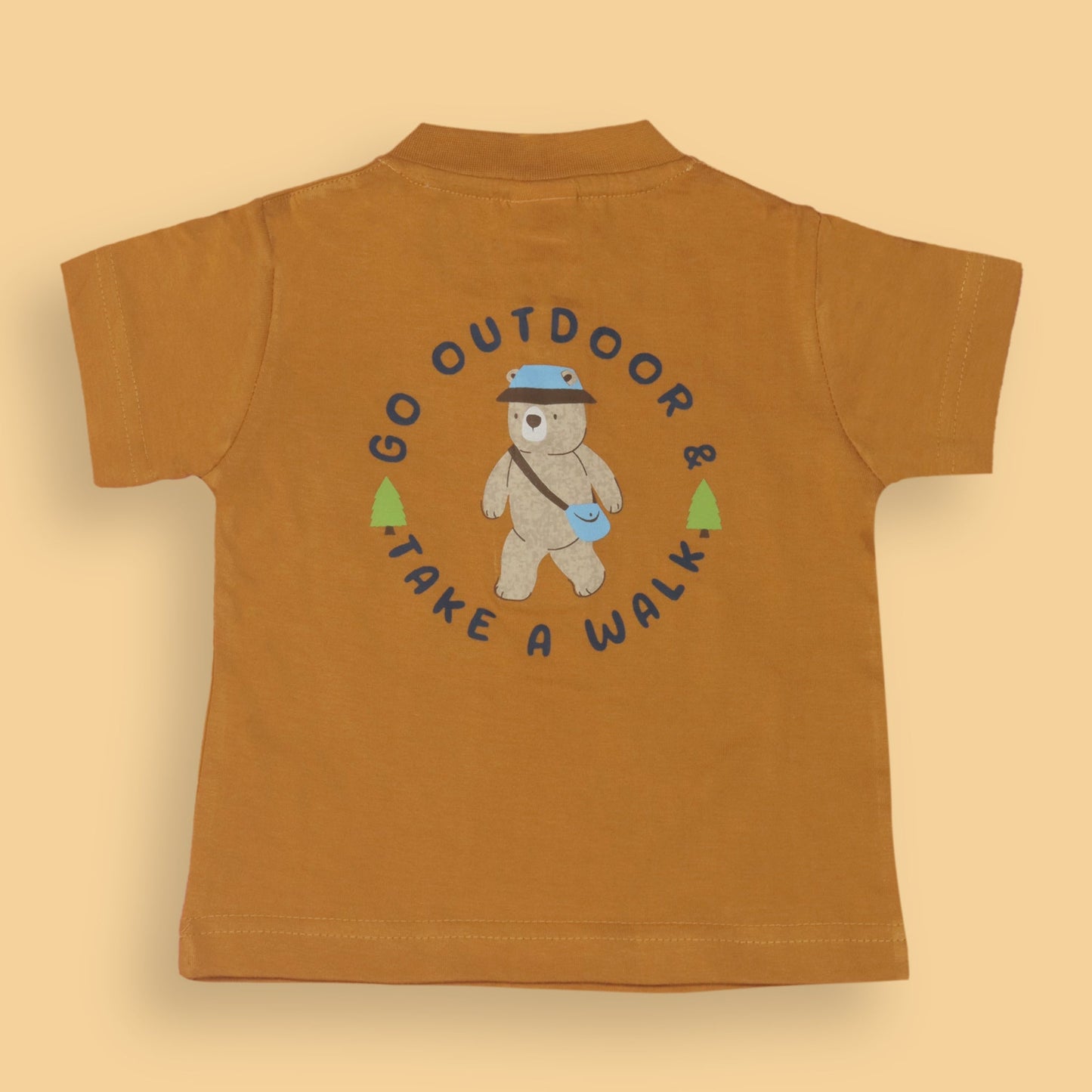 Zero Boys’ Summer Essentials Set – Orange Half Sleeve T-Shirt with Teddy Bear Cartoon & Front Button, Elastic Waist Shorts