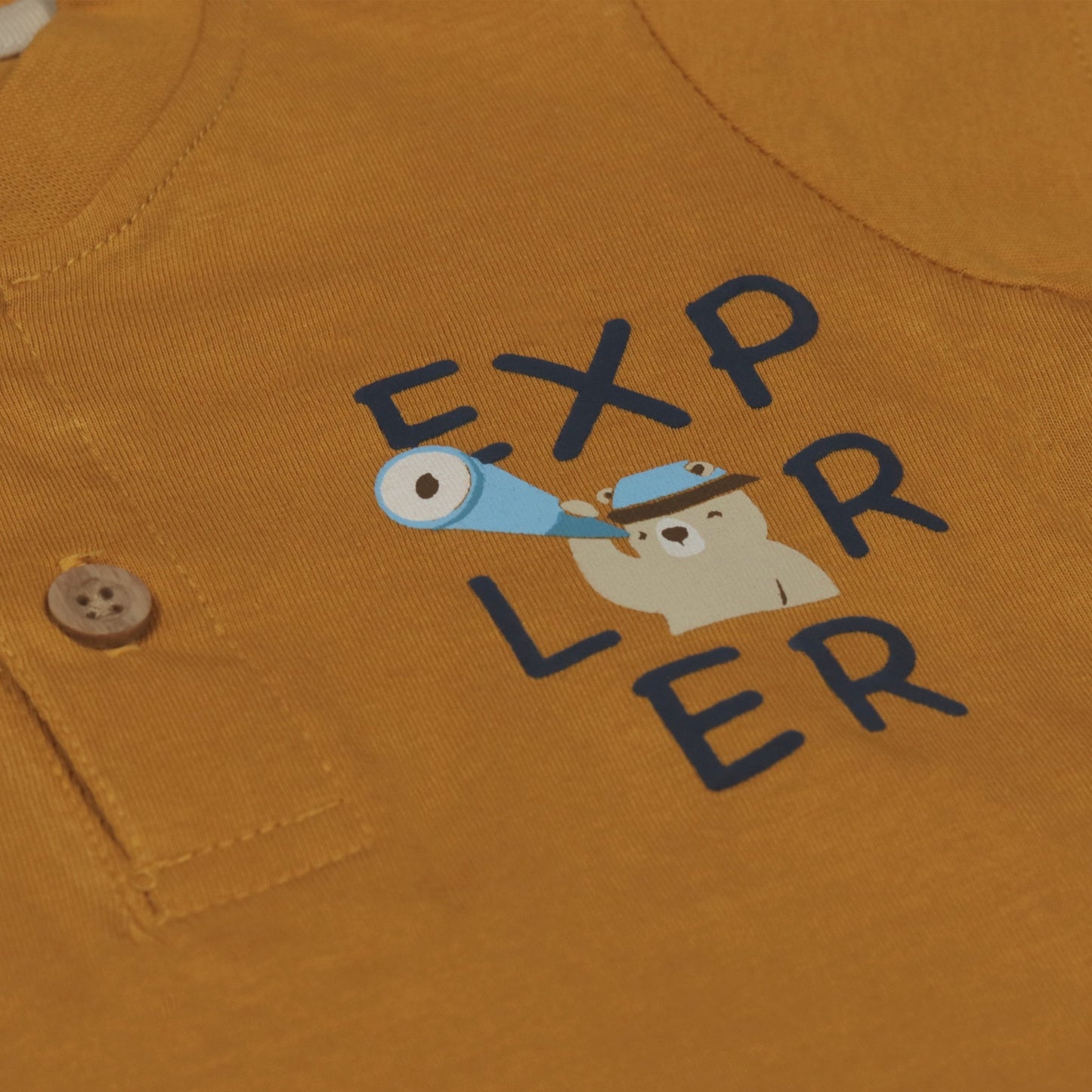 Zero Boys’ Summer Essentials Set – Orange Half Sleeve T-Shirt with Teddy Bear Cartoon & Front Button, Elastic Waist Shorts