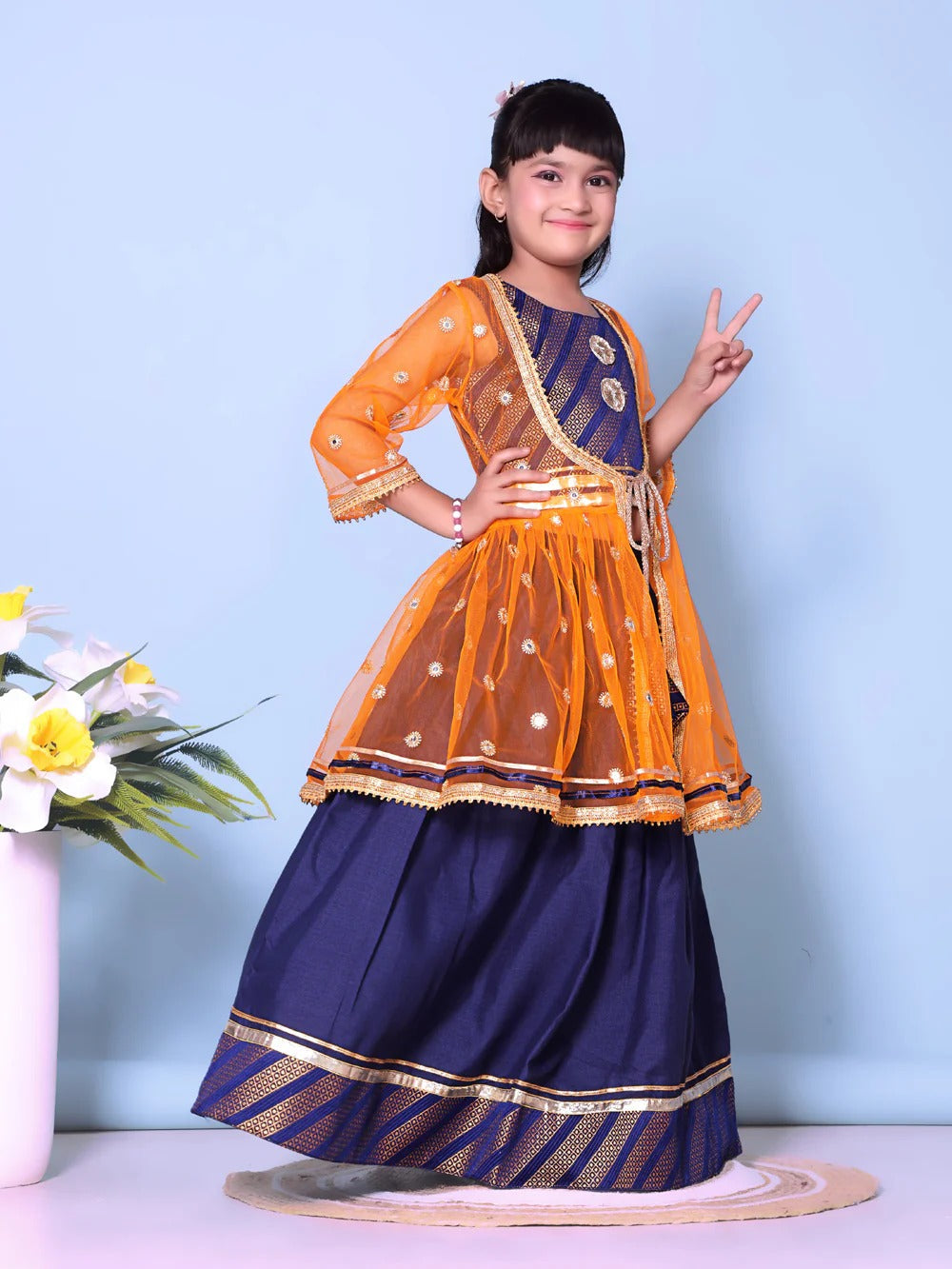 Girls' Orange Sleeveless Lehenga Choli by Satyam Fab – Embroidered Festive Set with Dupatta