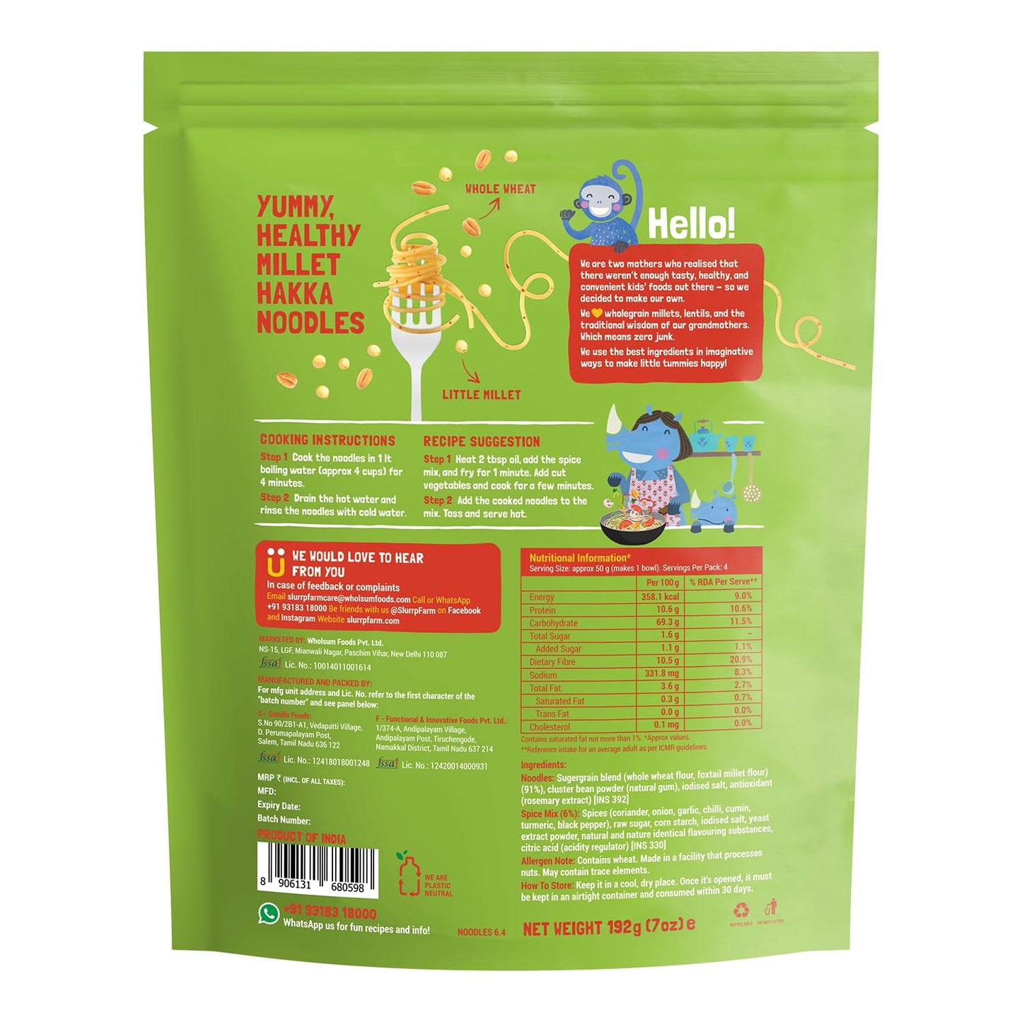 Slurrp Farm No Maida Hakka Noodles , Not Fried, No MSG, Classic, Mild and Curry Masala Millet Noodles -Combo (Pack of 3)