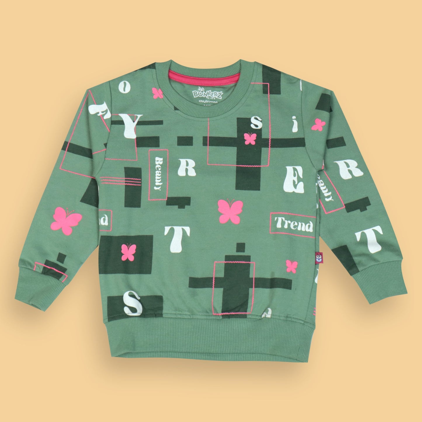 Beauty Trend Butterfly Sweatshirt by BONKERZ – Girls’ Green, Warm Cotton Blend, Coolness for Outdoor Days