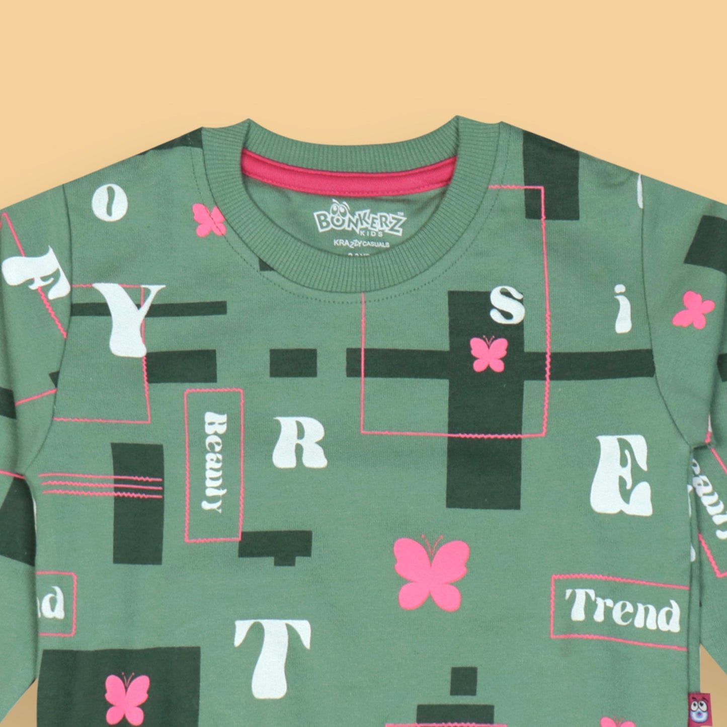 Beauty Trend Butterfly Sweatshirt by BONKERZ – Girls’ Green, Warm Cotton Blend, Coolness for Outdoor Days