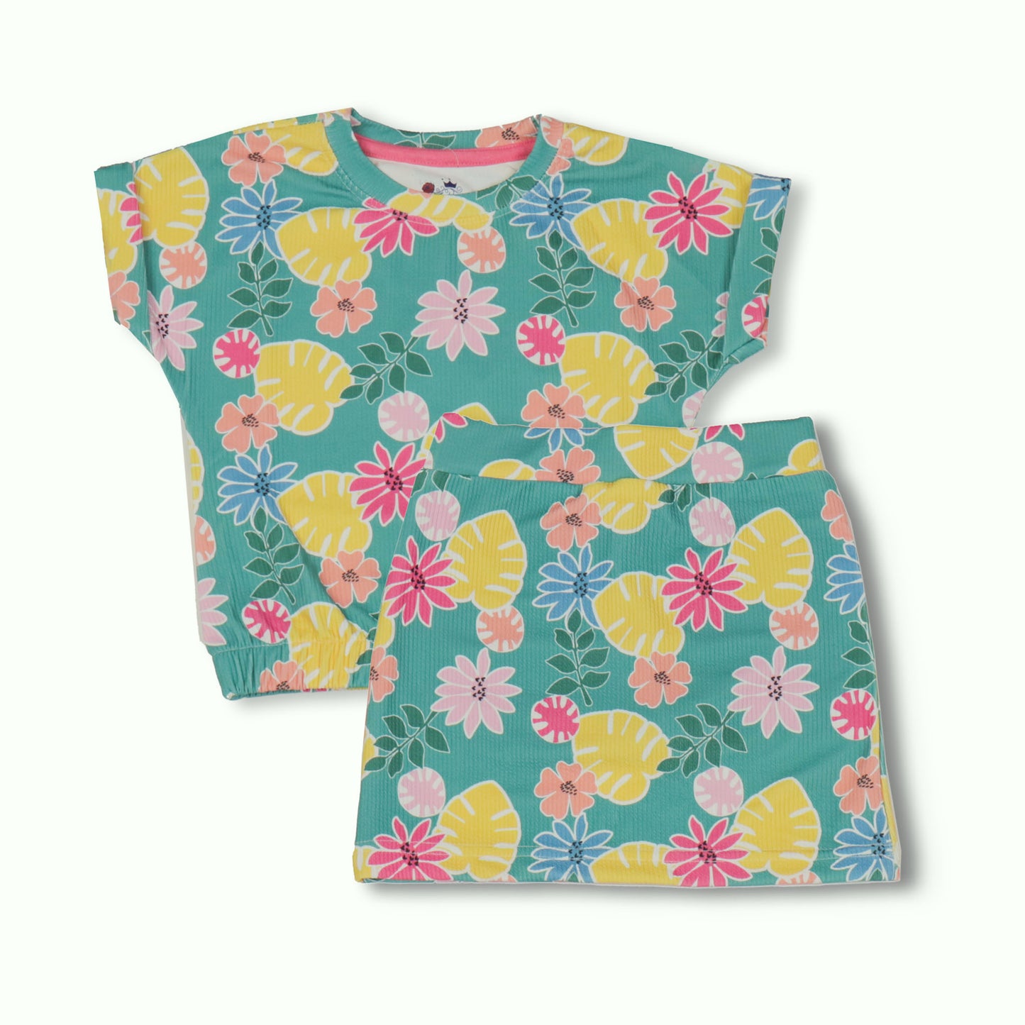 NIOMODA Girls’ Green Summer Set – Featherlite Flower Print Top, Comfy Shorts & Skirt, Sleeveless Cotton Rib Style