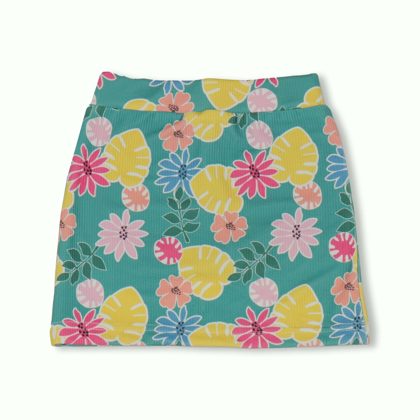 NIOMODA Girls’ Green Summer Set – Featherlite Flower Print Top, Comfy Shorts & Skirt, Sleeveless Cotton Rib Style