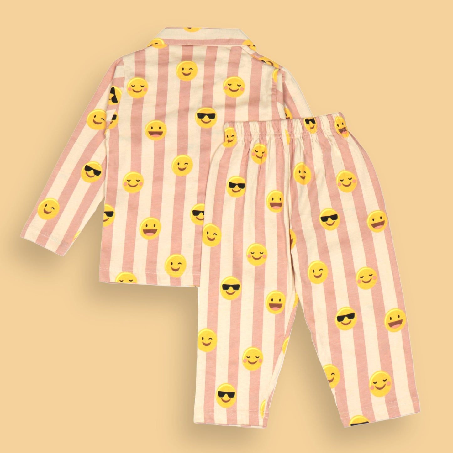 Ollypop Peach Nightwear Set – Cheerful Stripes & Smiley Print, Soft Sinker Fabric, Cozy Dreams Await!