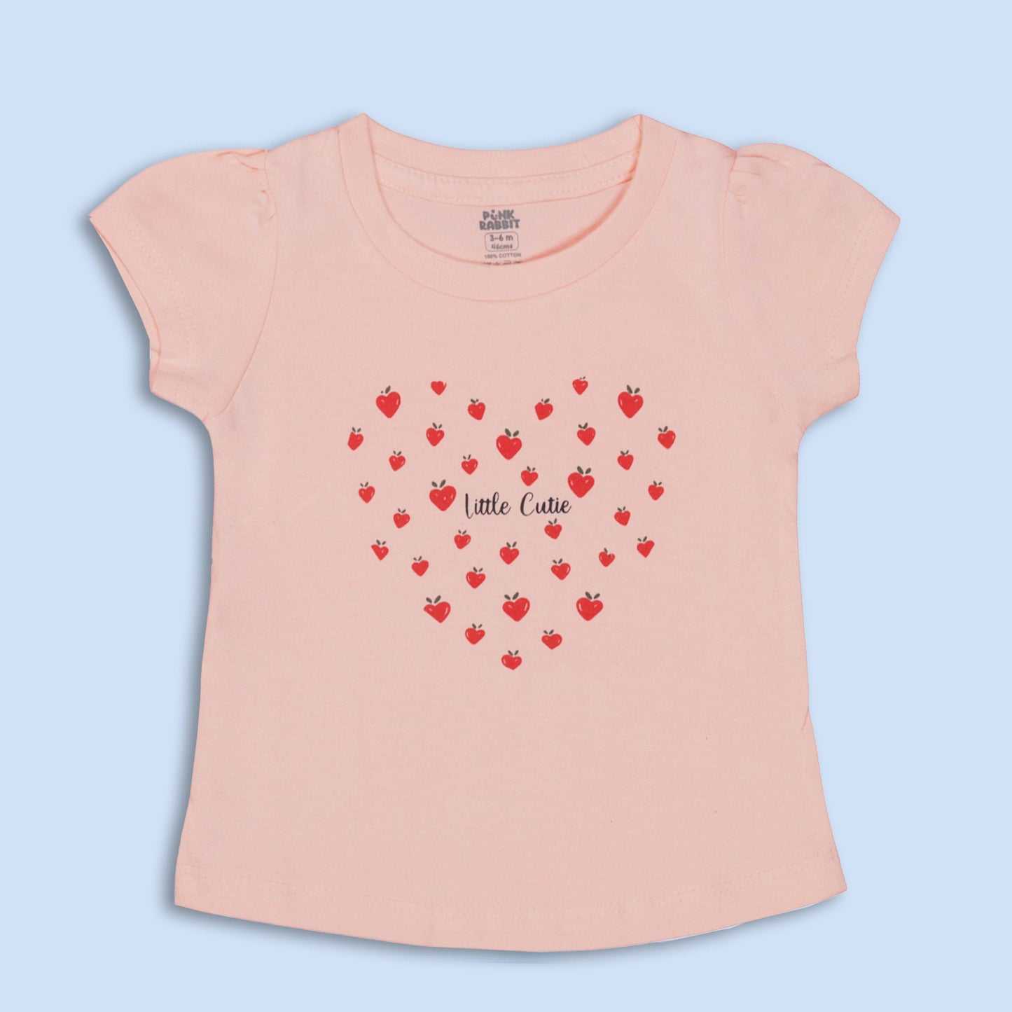Pink Rabbit Girls Peach Cotton Printed Cap Sleeve T-shirt