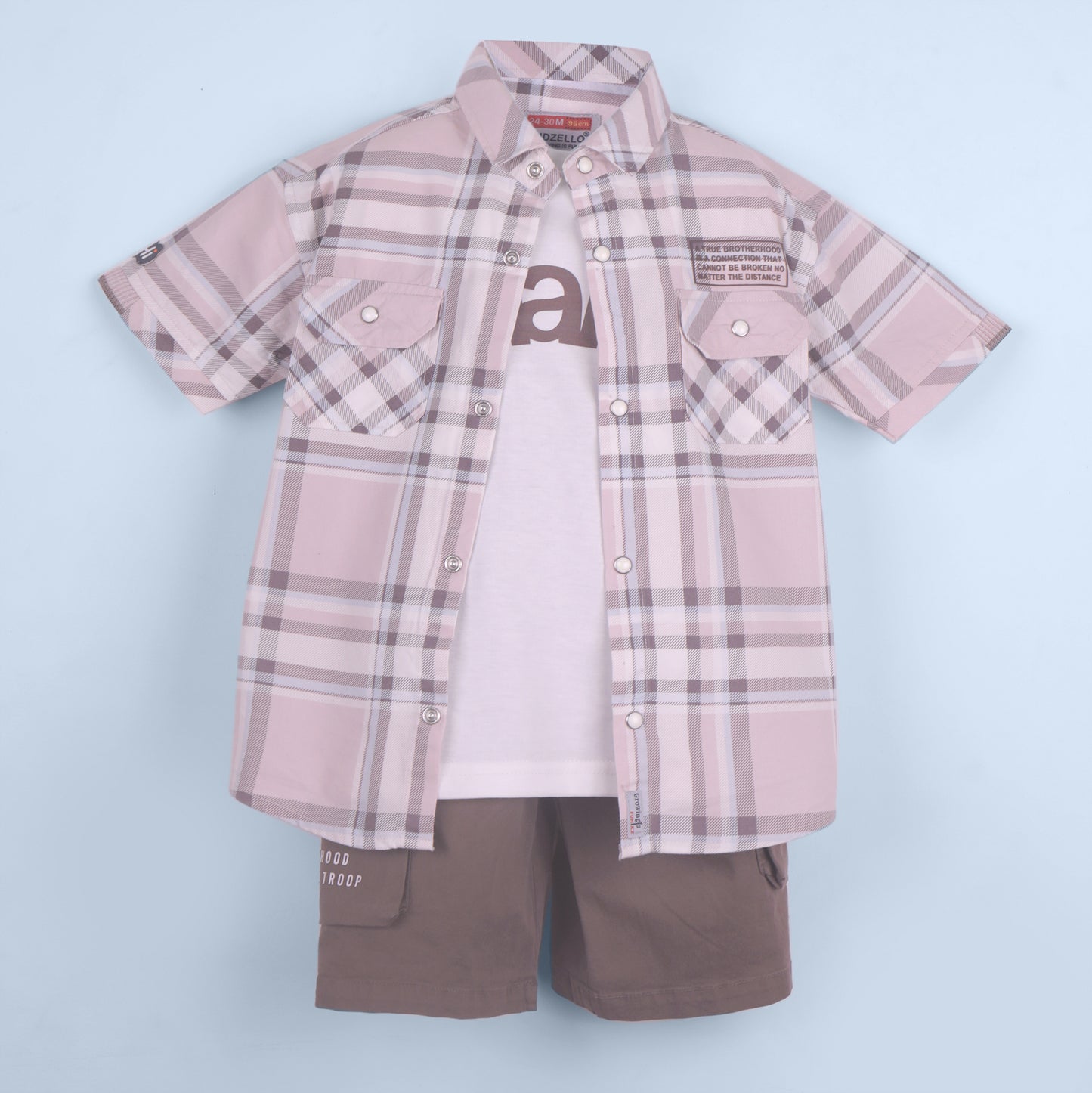 Peachy Trio – Boys’ Partywear T-shirt, Shirt & Shorts Set