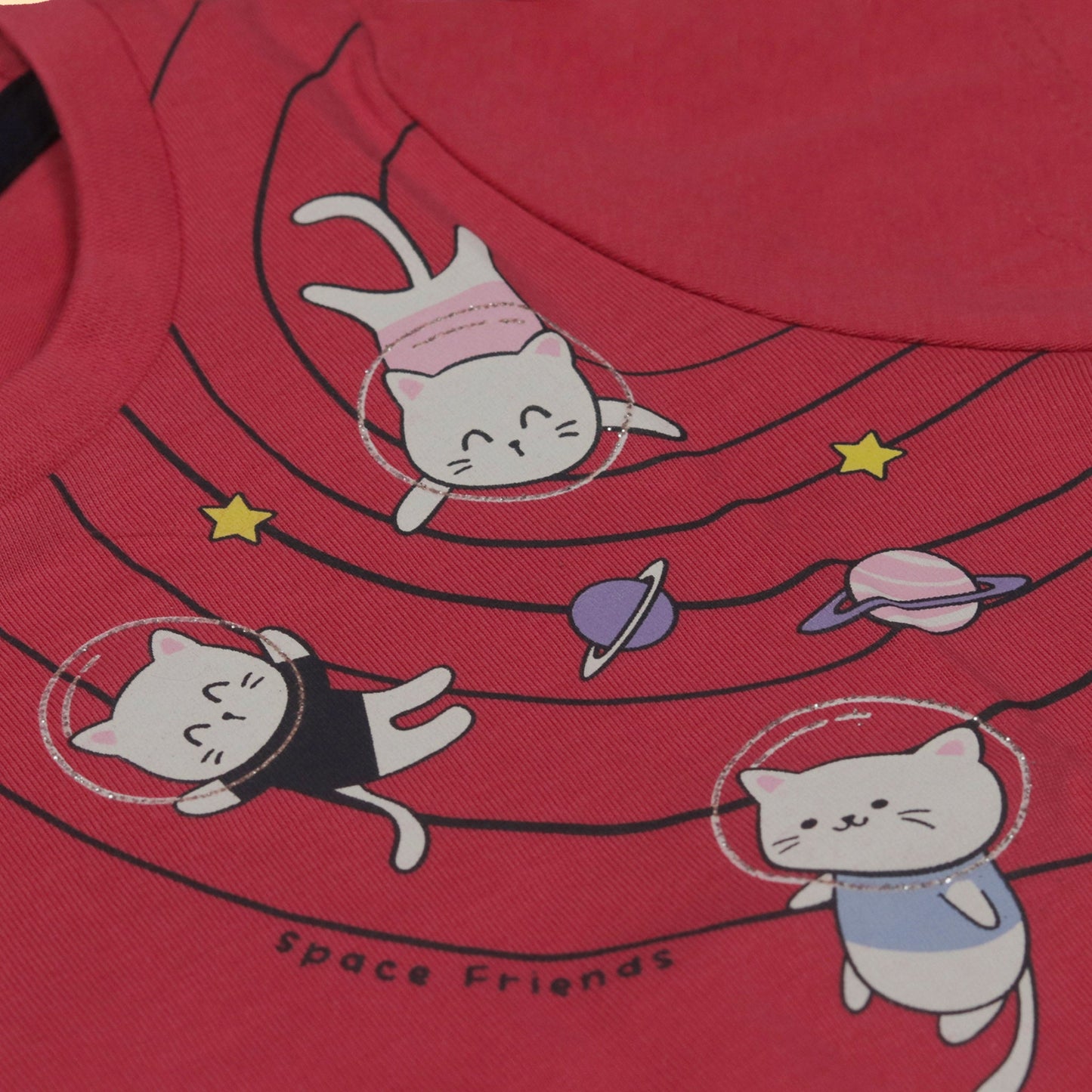 Girls’ Dark Pink Space Adventure T-Shirt – Pink Rabbit Cats & Stars Print