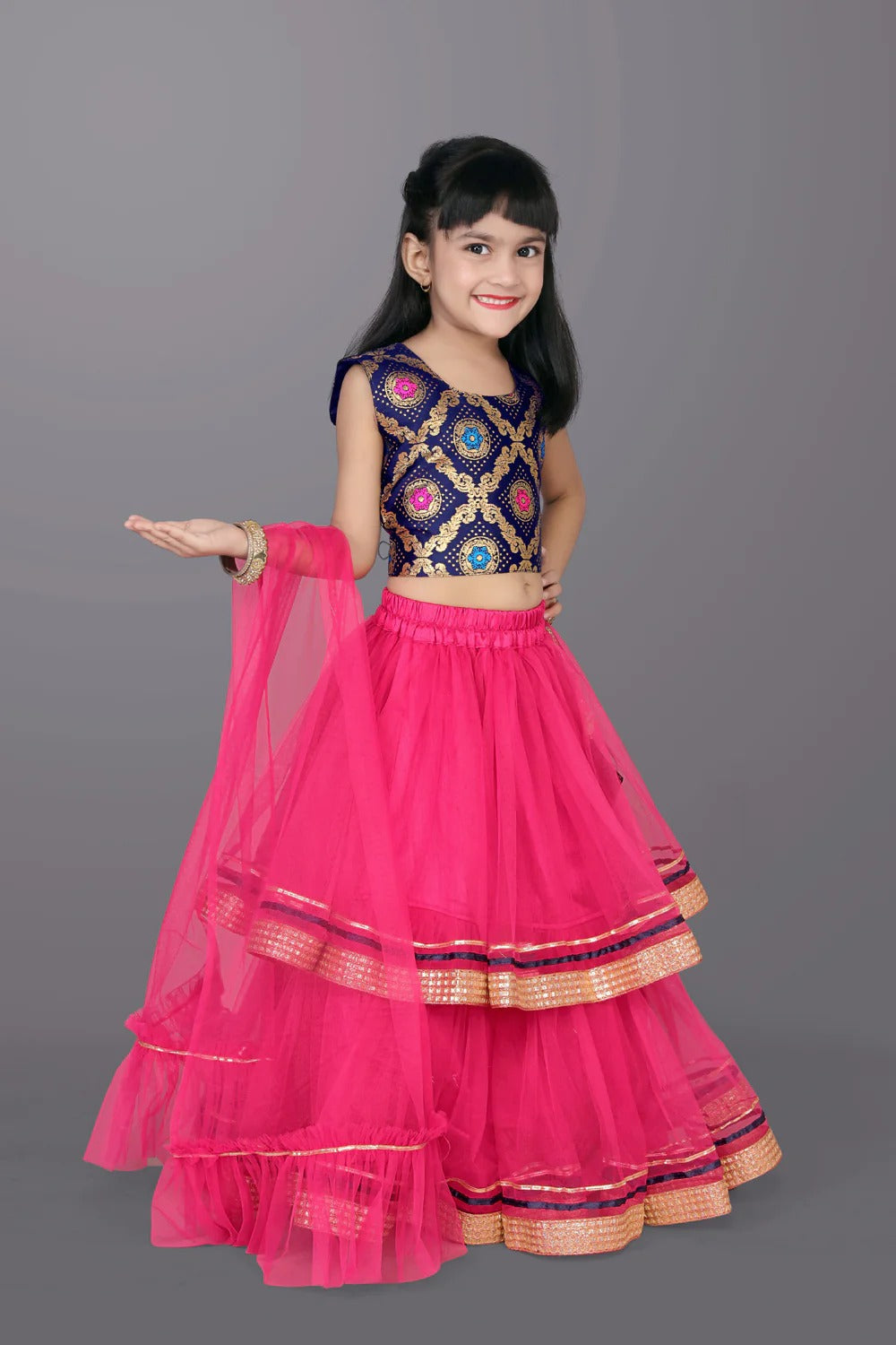 Blue Abstract Print Choli with Dark Pink Lehenga – Satyam Fab Girls’ Ethnic Festive Set