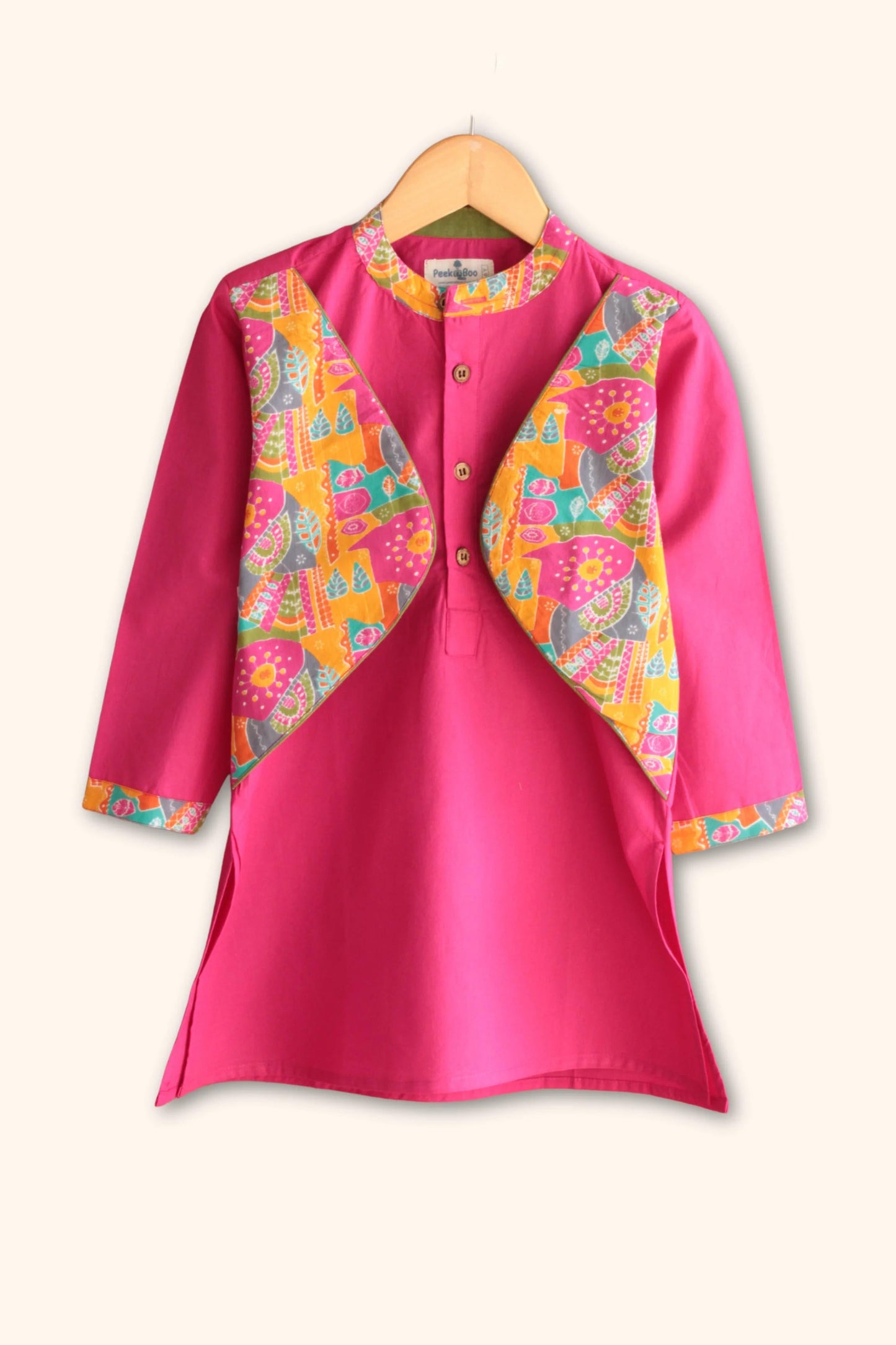 Peekaboo Boy’s Pink All-Over Print Kurta & Solid Dhoti Pant Set – Comfortable Cotton"