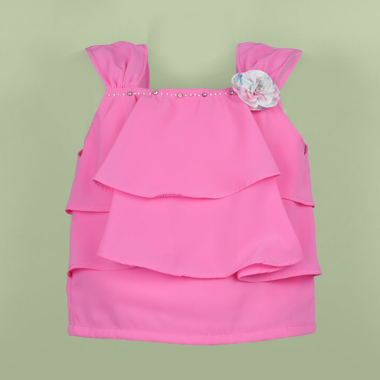 DW Girl's Dark Pink Embroidered Skirt Set with Rhinestones