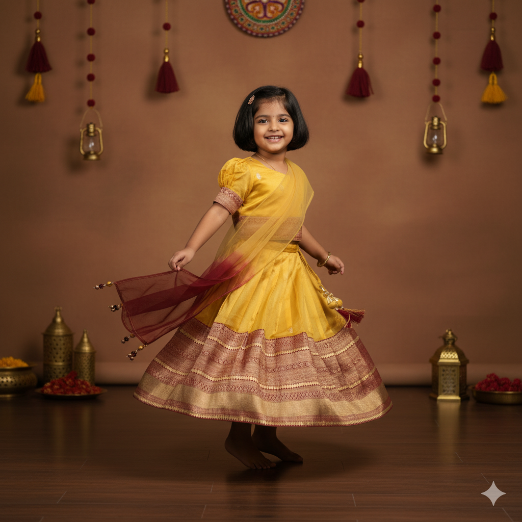 Dreamy Drizzles – Girls’ Khaki Festive Lehenga Choli