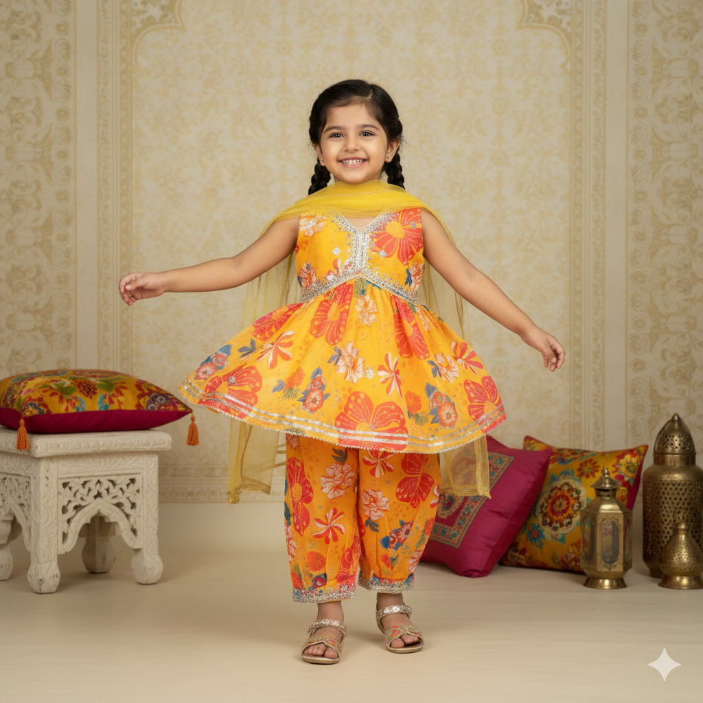 Festival Sunshine: Sparkle Yellow V-Neck Kurti & Churidar Set for Little Fashion Stars