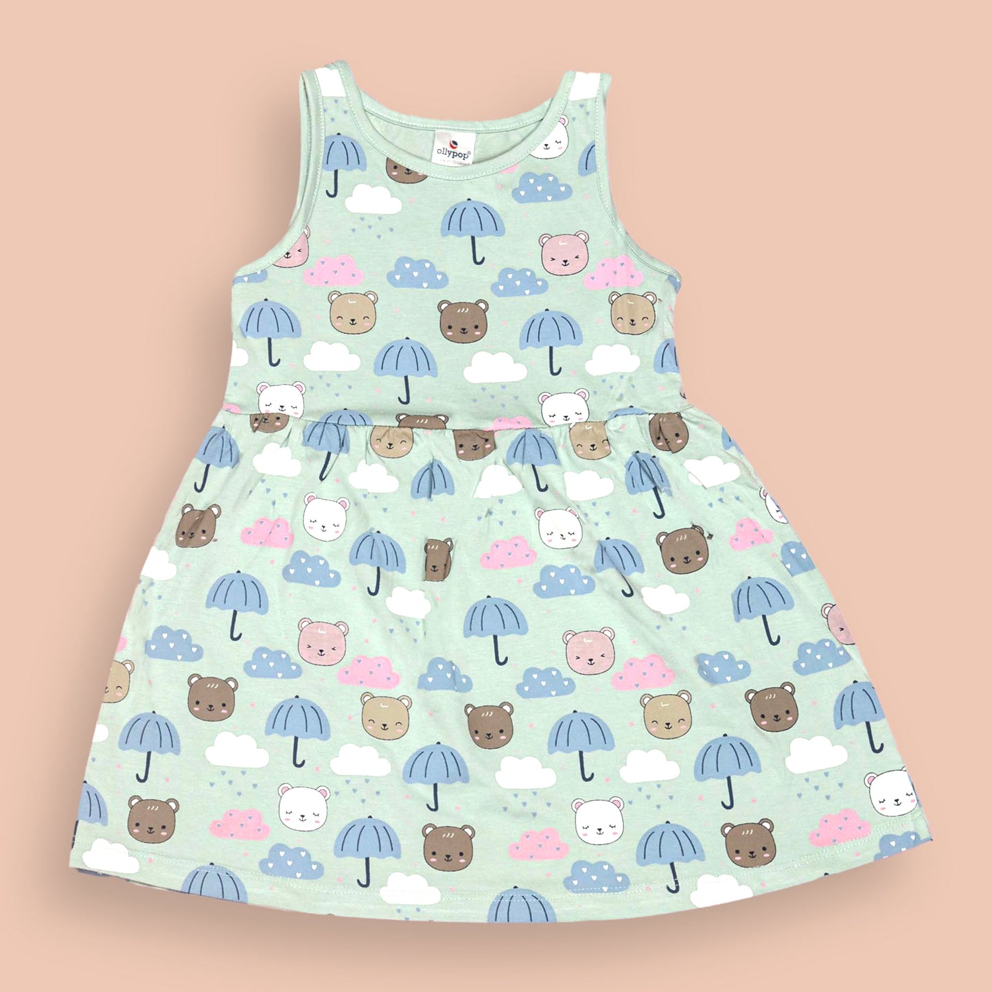 Ollypop Light Green Cotton Sleeveless One Piece Dress with Round Neck