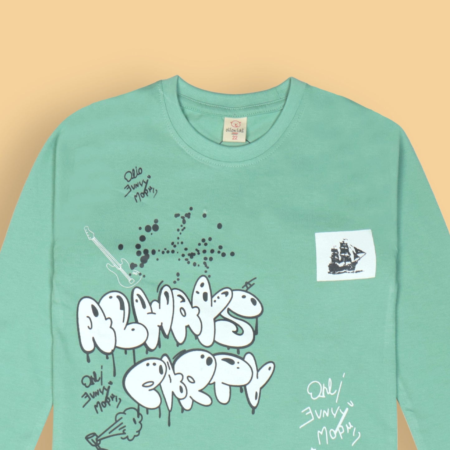 OlioKids Boys’ Party Theme Tee – Light Green Full Sleeve ‘Always Party’ Print, Extra Soft Cotton Comfort