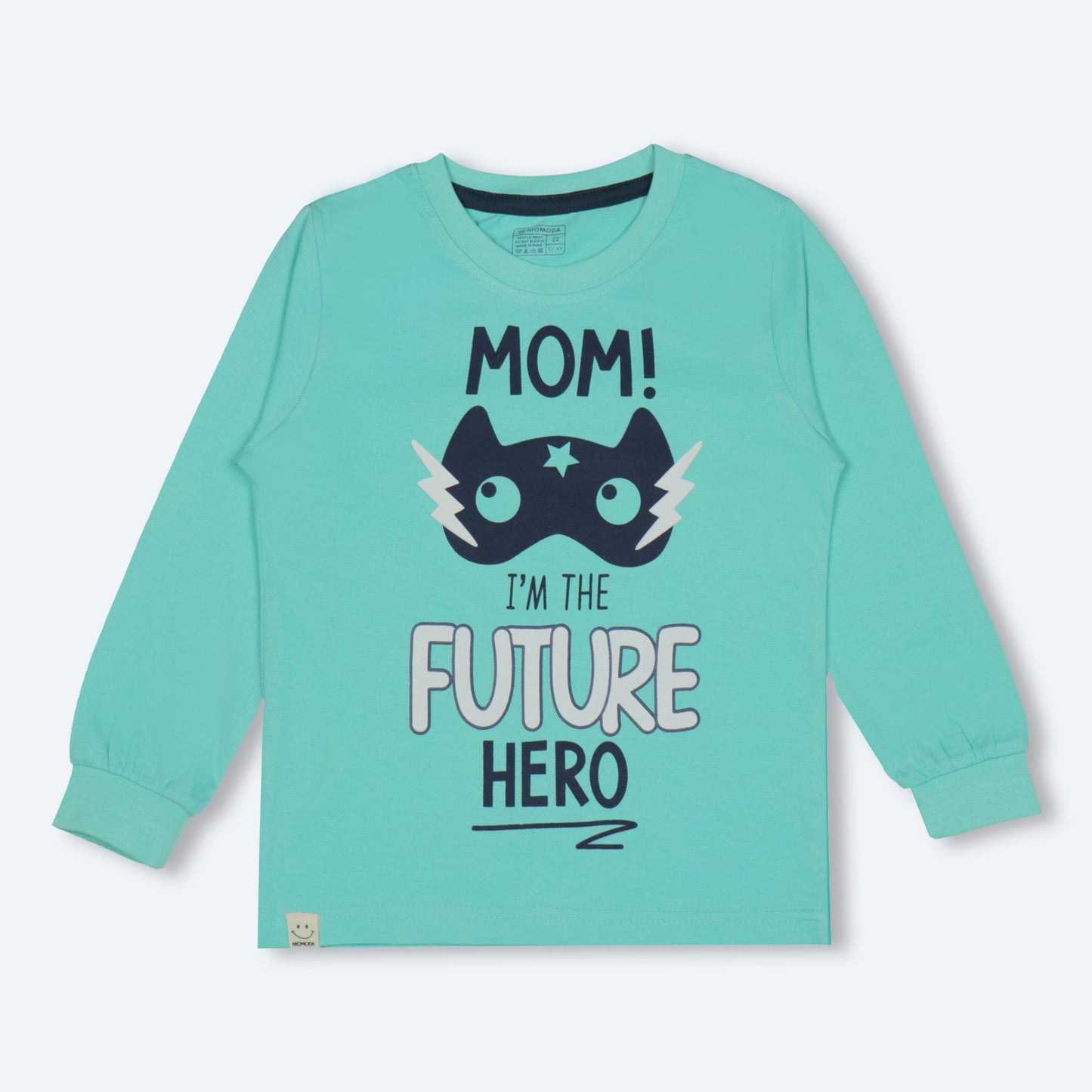 Future Hero Tee by NIOMODA – Boys’ Light Green Cotton Full Sleeves, MOM! Quote, Warm Comfort+ for Chilly Days
