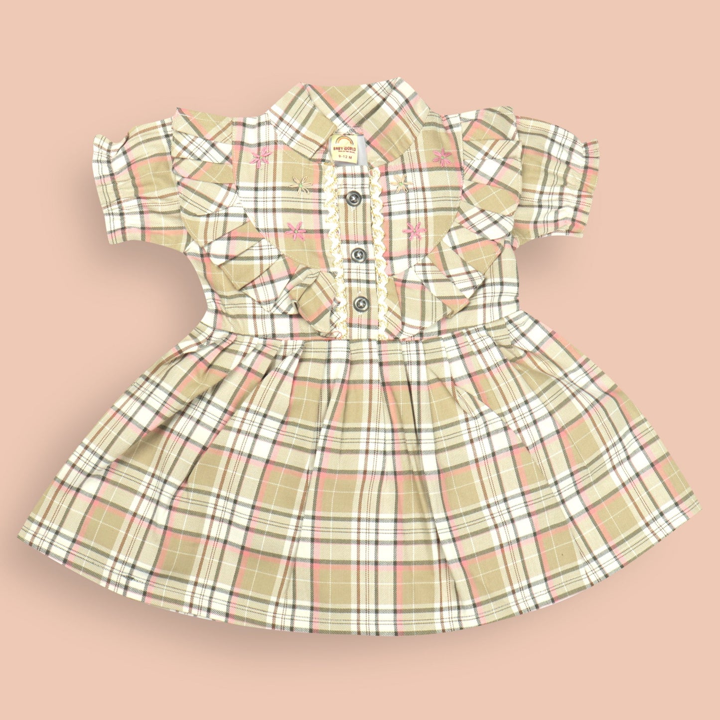Baby World Beige Cotton One Piece Party Dress for Girls