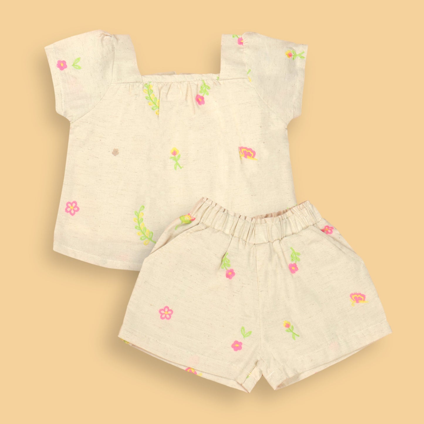 DW Cute Girls' Offwhite Cotton Party Set – Comfort+ Cap Sleeve Top with All-Over Small Flower Print & Square Neck, Back Zipper + Knee-Length Elasticated Shorts