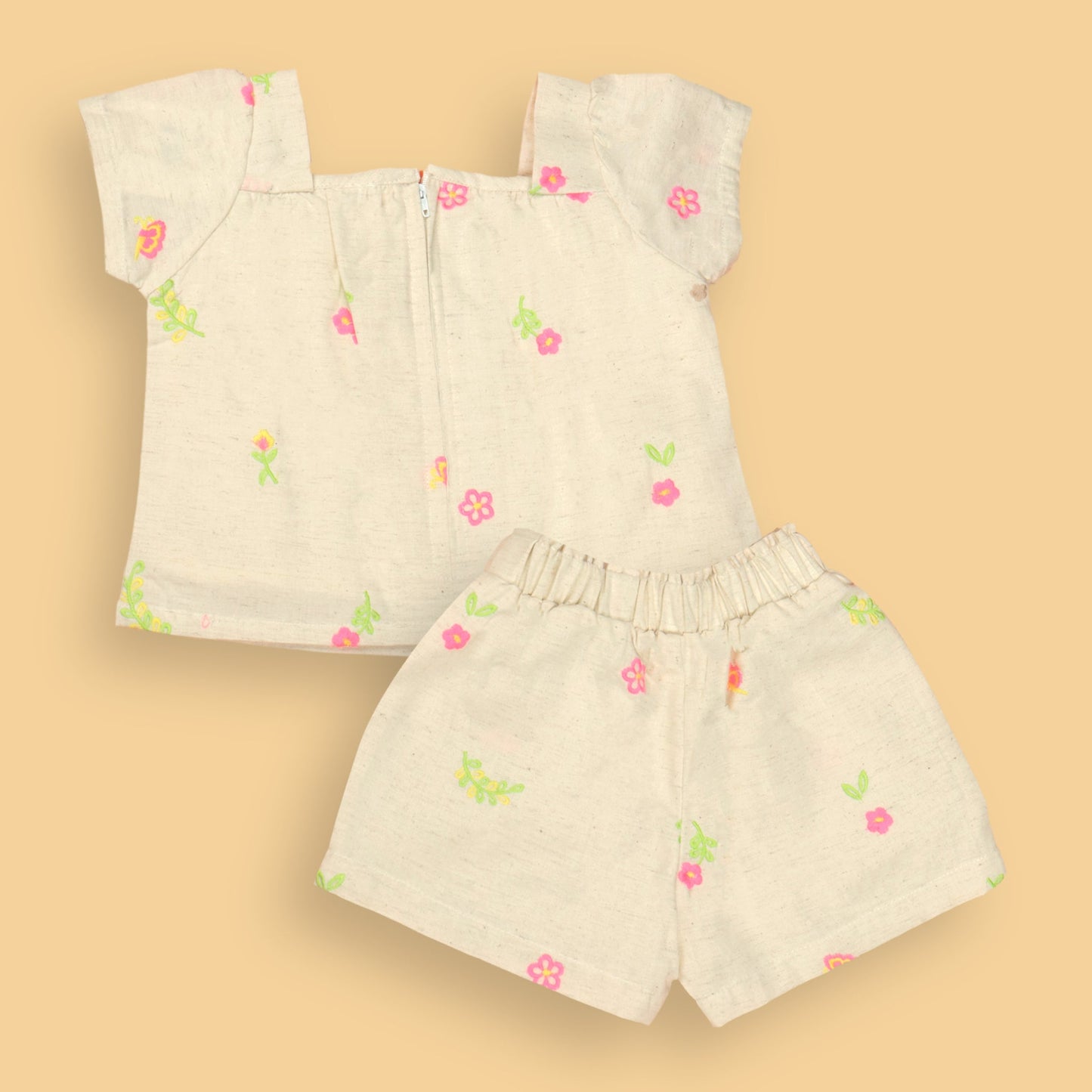 DW Cute Girls' Offwhite Cotton Party Set – Comfort+ Cap Sleeve Top with All-Over Small Flower Print & Square Neck, Back Zipper + Knee-Length Elasticated Shorts