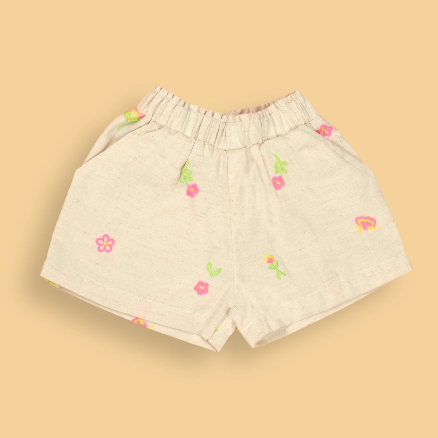 DW Cute Girls' Offwhite Cotton Party Set – Comfort+ Cap Sleeve Top with All-Over Small Flower Print & Square Neck, Back Zipper + Knee-Length Elasticated Shorts