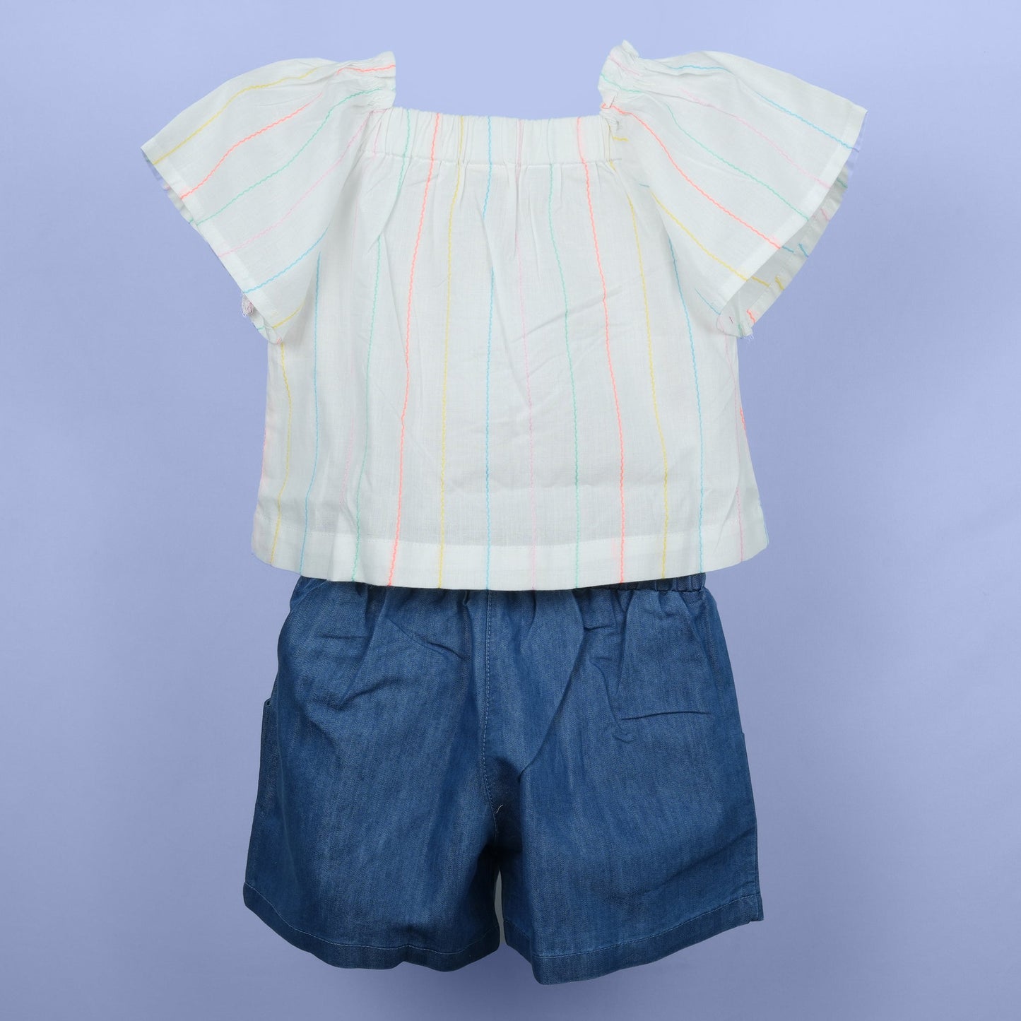 DW Girl's Offwhite Half-Sleeve Top & Striped Shorts Set
