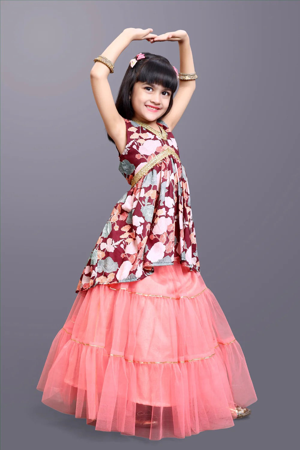 Gleam in Wine – Satyam Fab Girls’ Printed Festive Lehenga Ensemble
