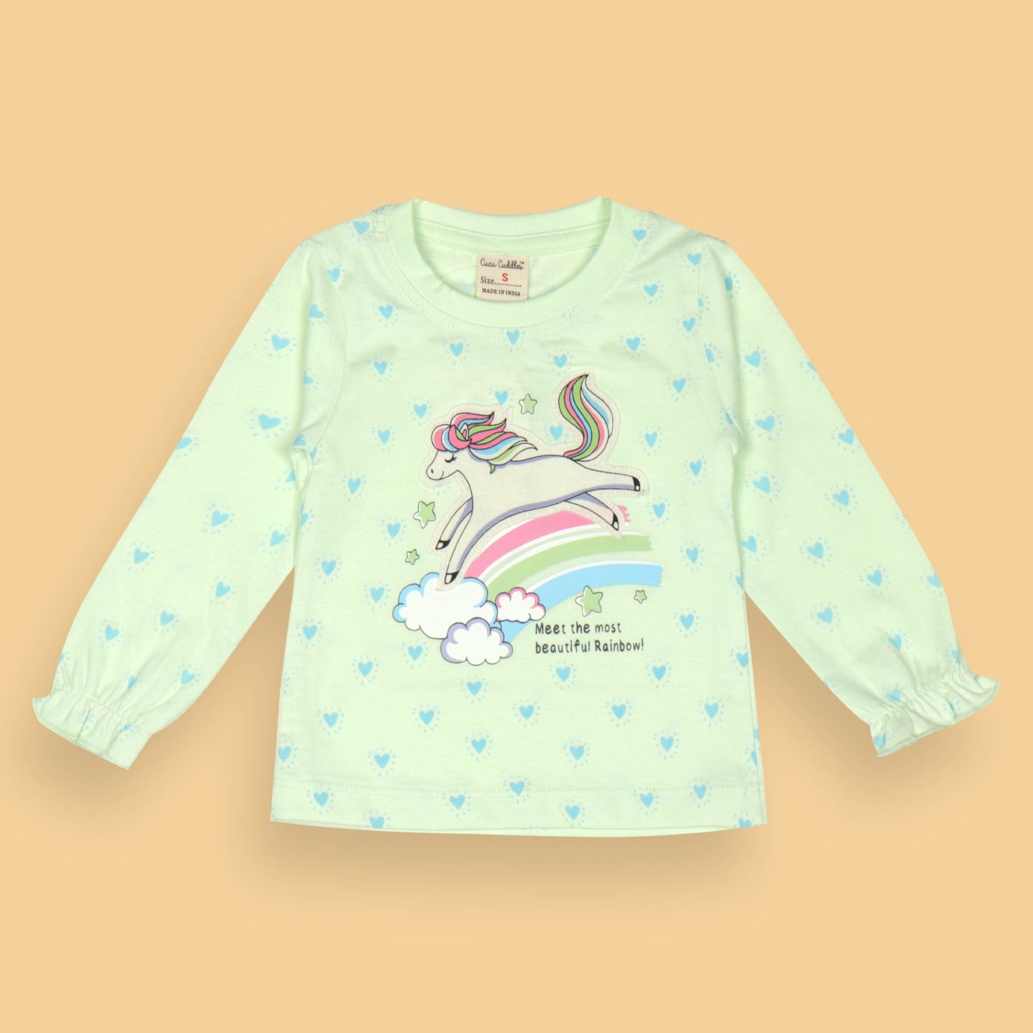 Mint ‘Meet the Most Beautiful Rainbow’ Tee by Cucumber – Girls’ Full Sleeves, Soft Cotton, Summer Fun Essential