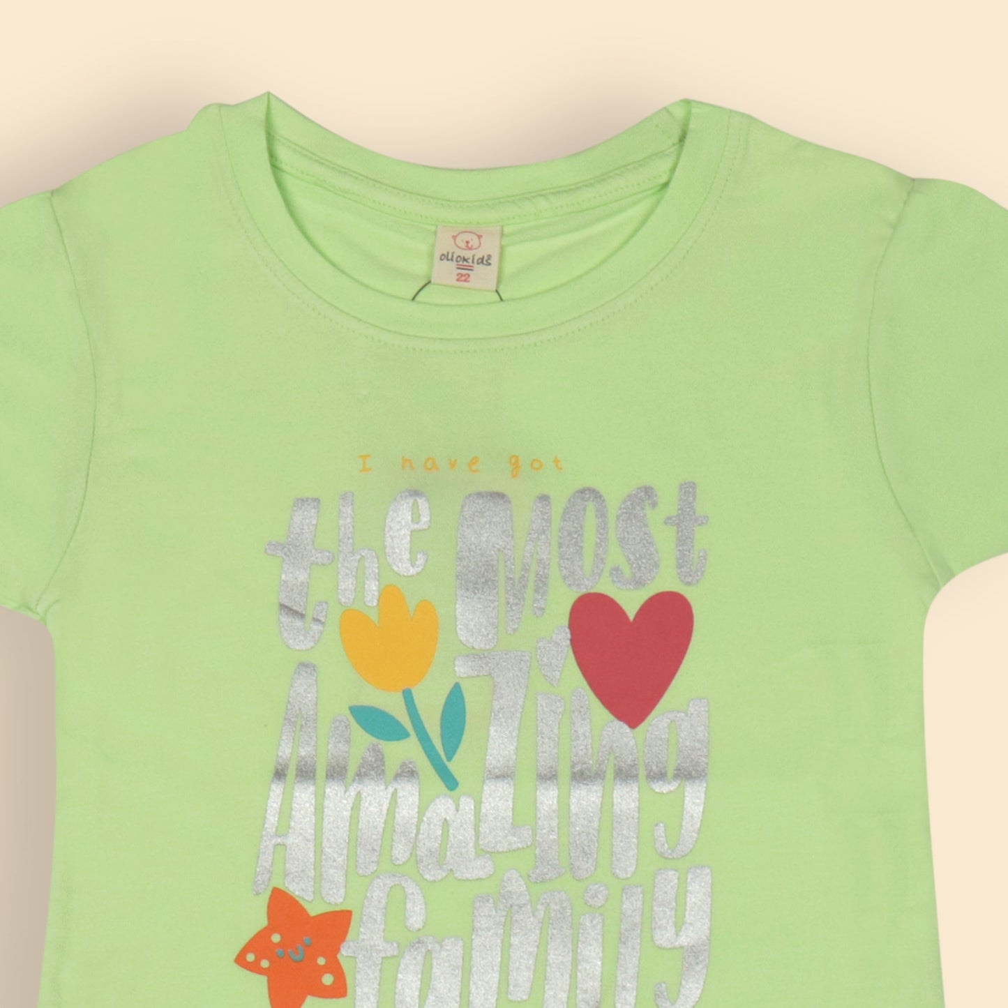 OlioKids Girls’ Soft Cotton Top – Mint Cap Sleeve, Family Love, Heart & Floral Print, Essentials for Happy Play