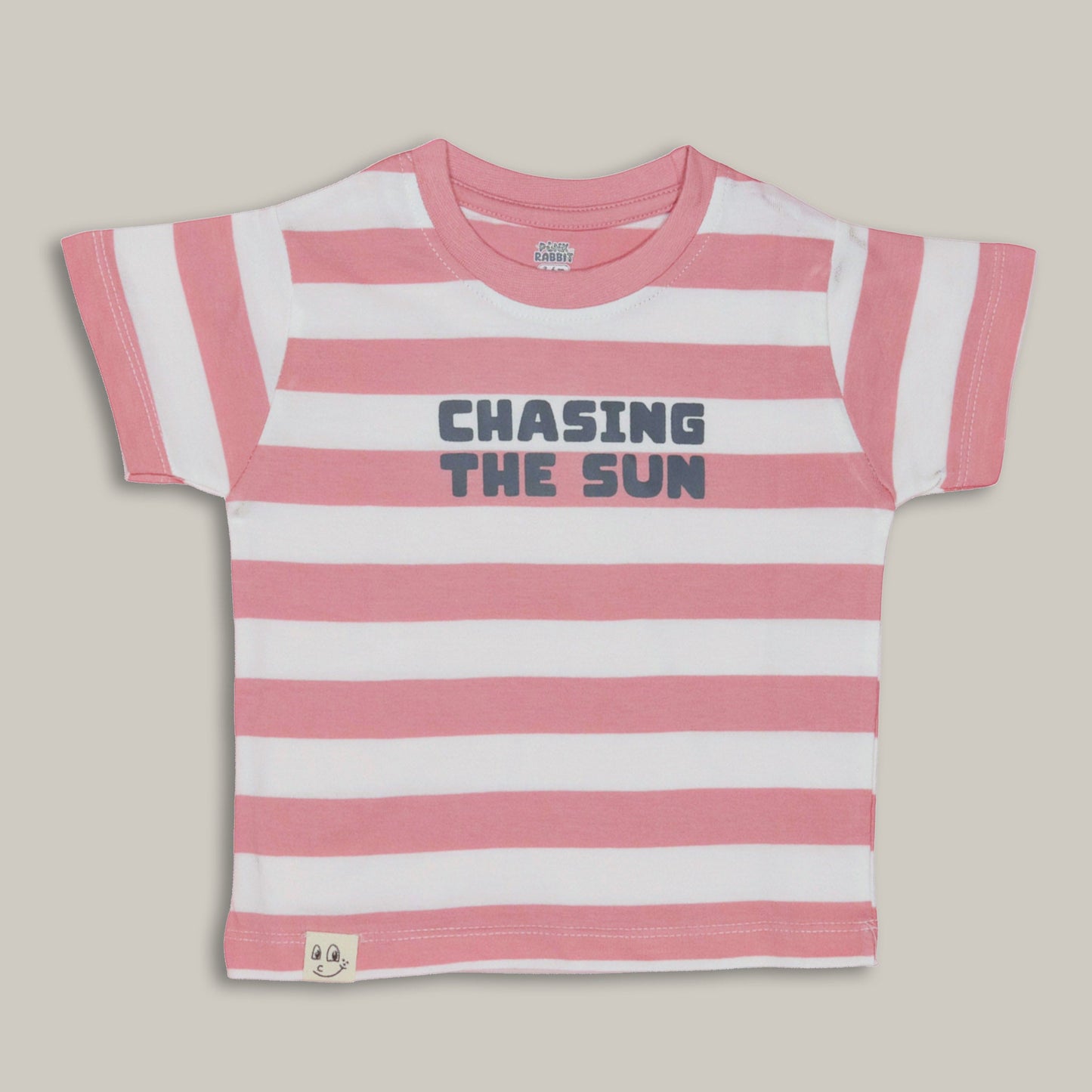Coral Striped T-Shirt by Pink Rabbit – Cap Sleeves, Inspirational “Chasing the Sun"
