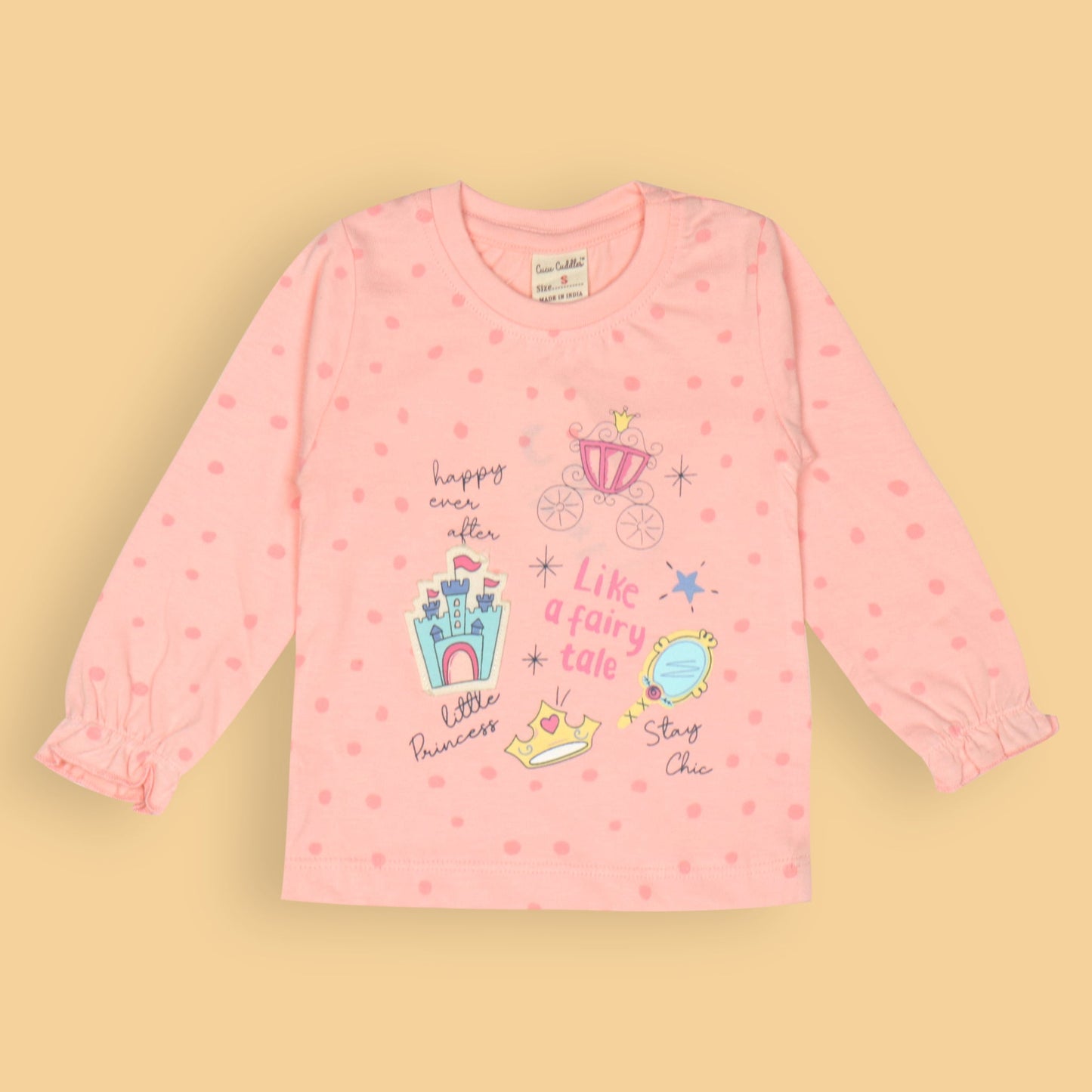 Happy Ever After Little Princess Tee by Cucumber – Girls’ Coral Full Sleeves, Star Print, Soft Cotton Everyday Wear