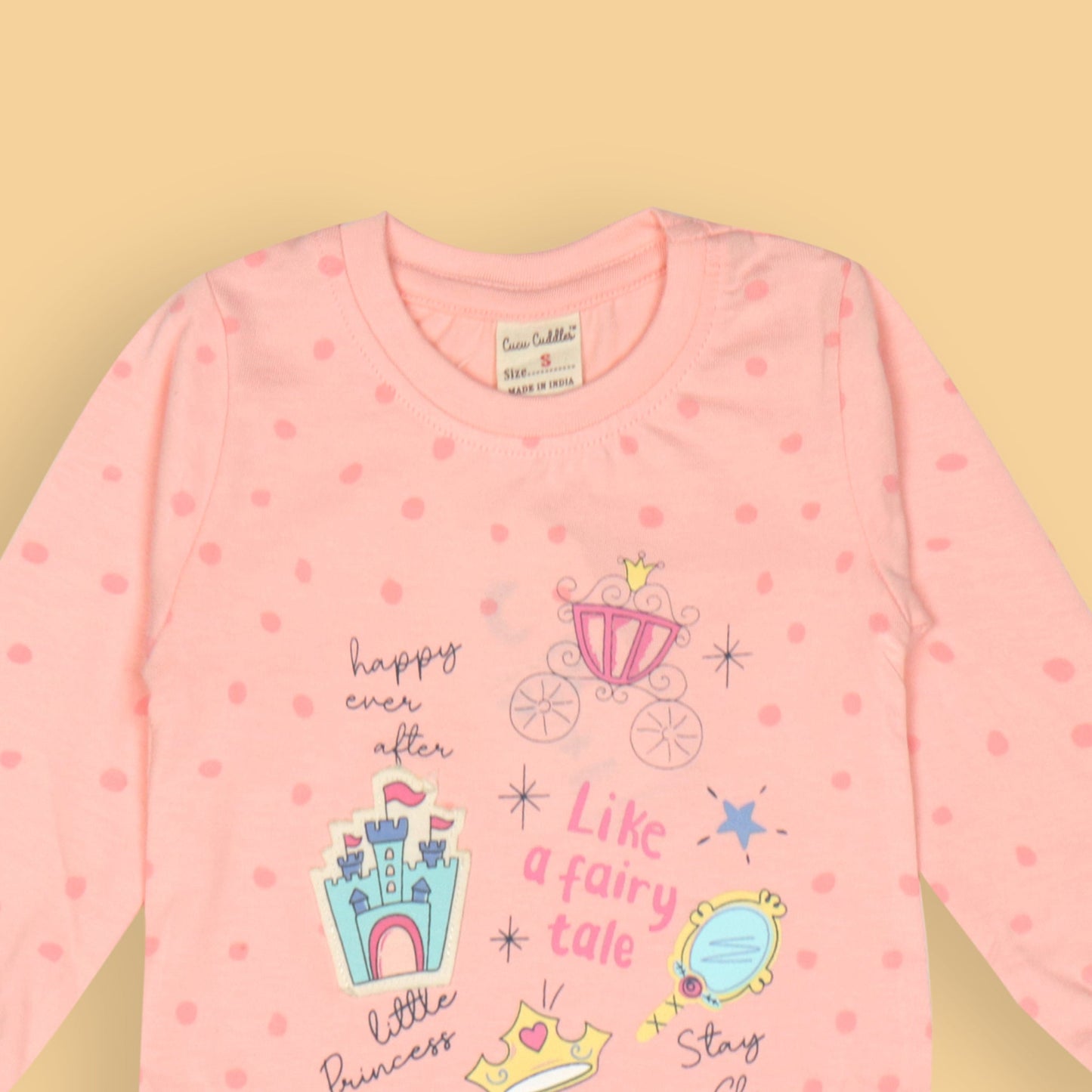 Happy Ever After Little Princess Tee by Cucumber – Girls’ Coral Full Sleeves, Star Print, Soft Cotton Everyday Wear