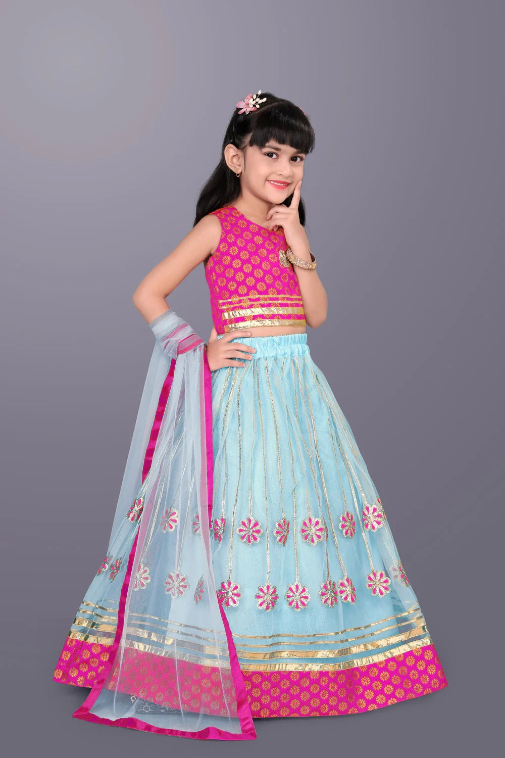 Little Star’s Pink & Sea Green Sparkle – Flowy Tulle Lehenga & Embroidered Top by Satyam Fab