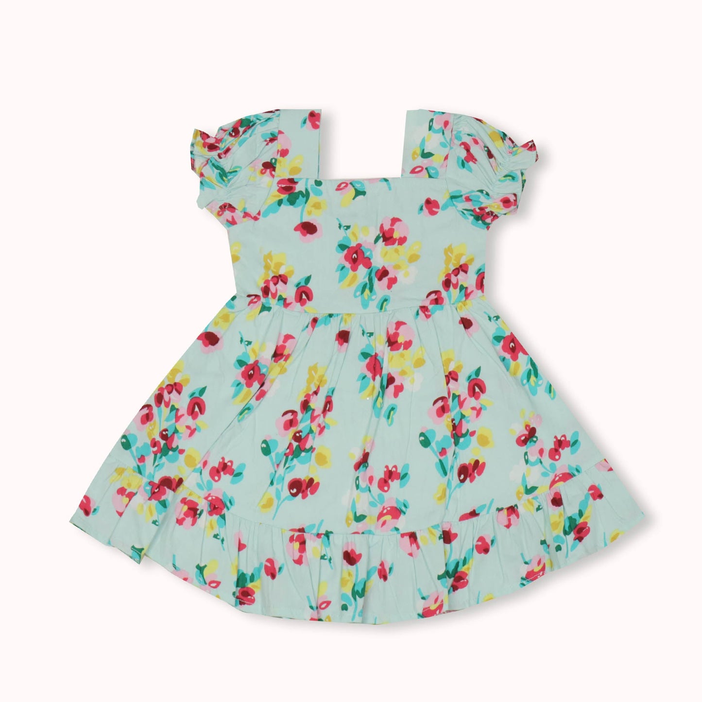 Pretty in Aqua – Dew Drop Girls’ Flared Floral One-Piece, Featherlite Cotton Blend for Party & Festival Moments