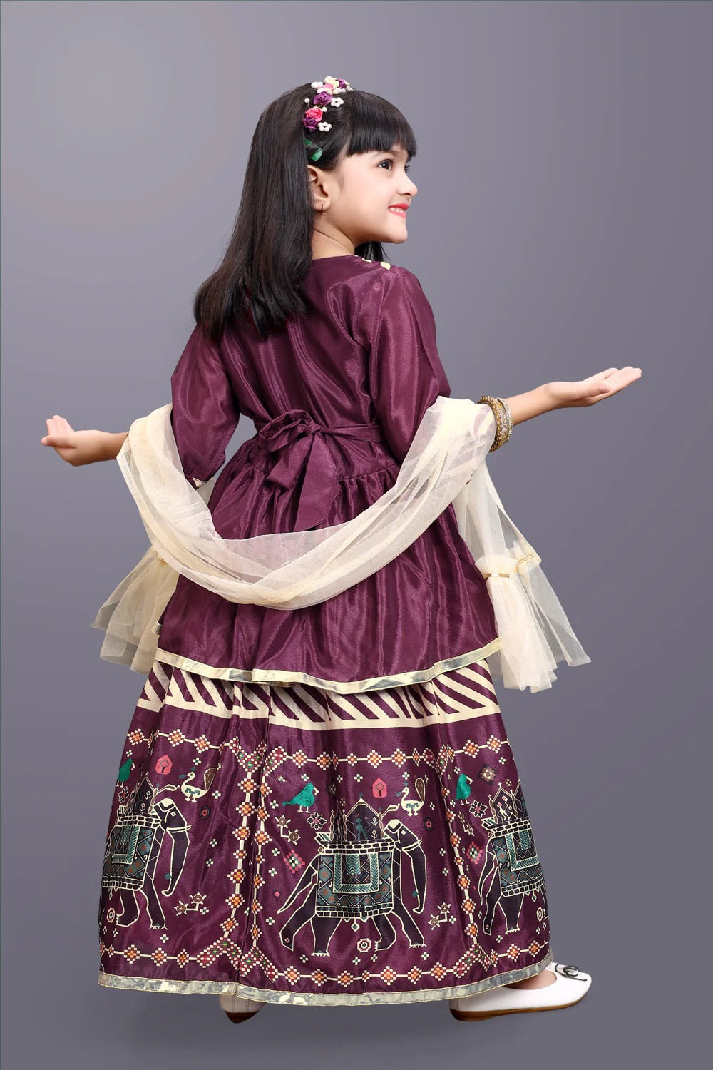 Festival Ready: Satyam Fab Maroon Lehenga Choli with Flared Skirt & Dupatta for Girls