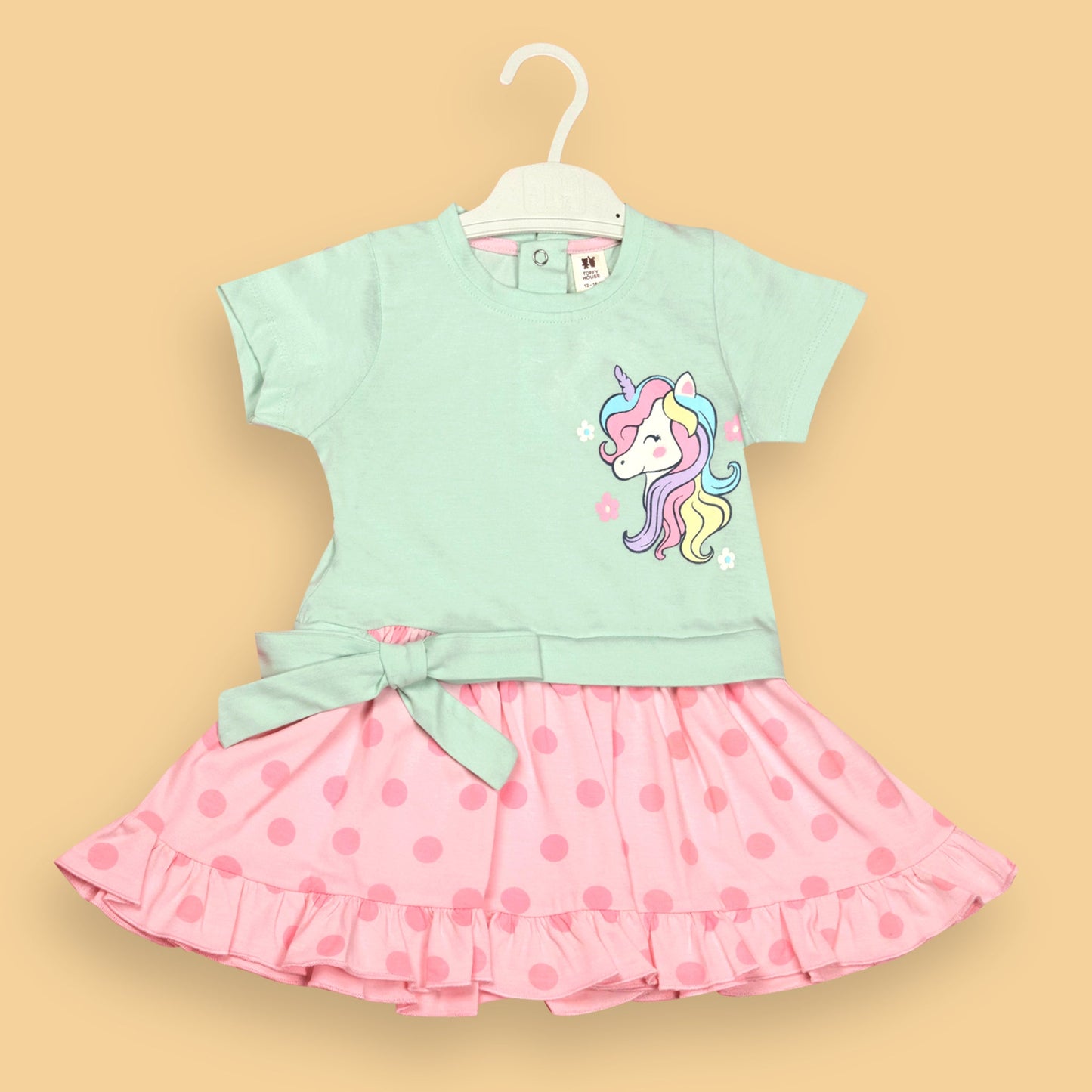 Toffyhouse Light Pink Soft Frock – Unicorn and Floral Print, Snap Button Back, Cap Sleeves, Comfortable One-Piece for Fashion & Essentials