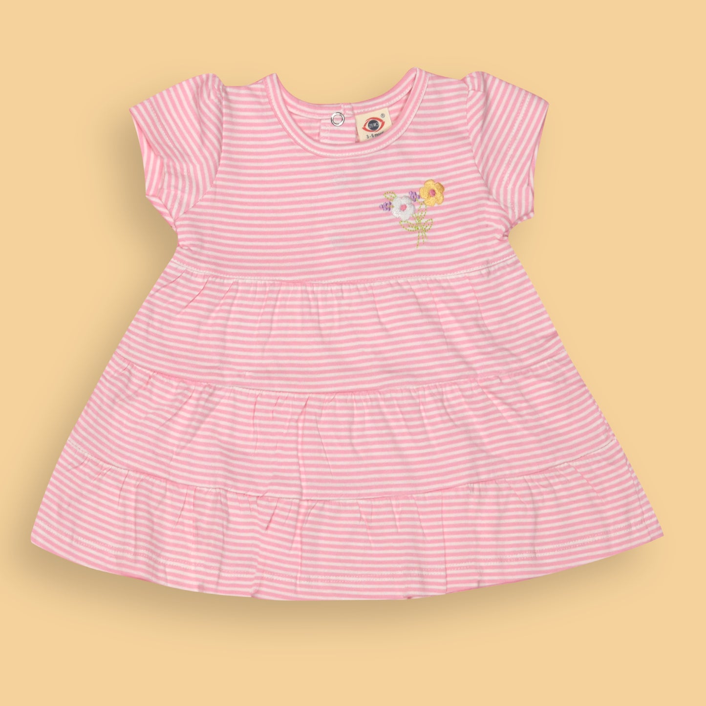 Zero Essentials Girls’ Light Pink Striped Frock – Half Sleeves, Knee Length, Easy Snap Buttons
