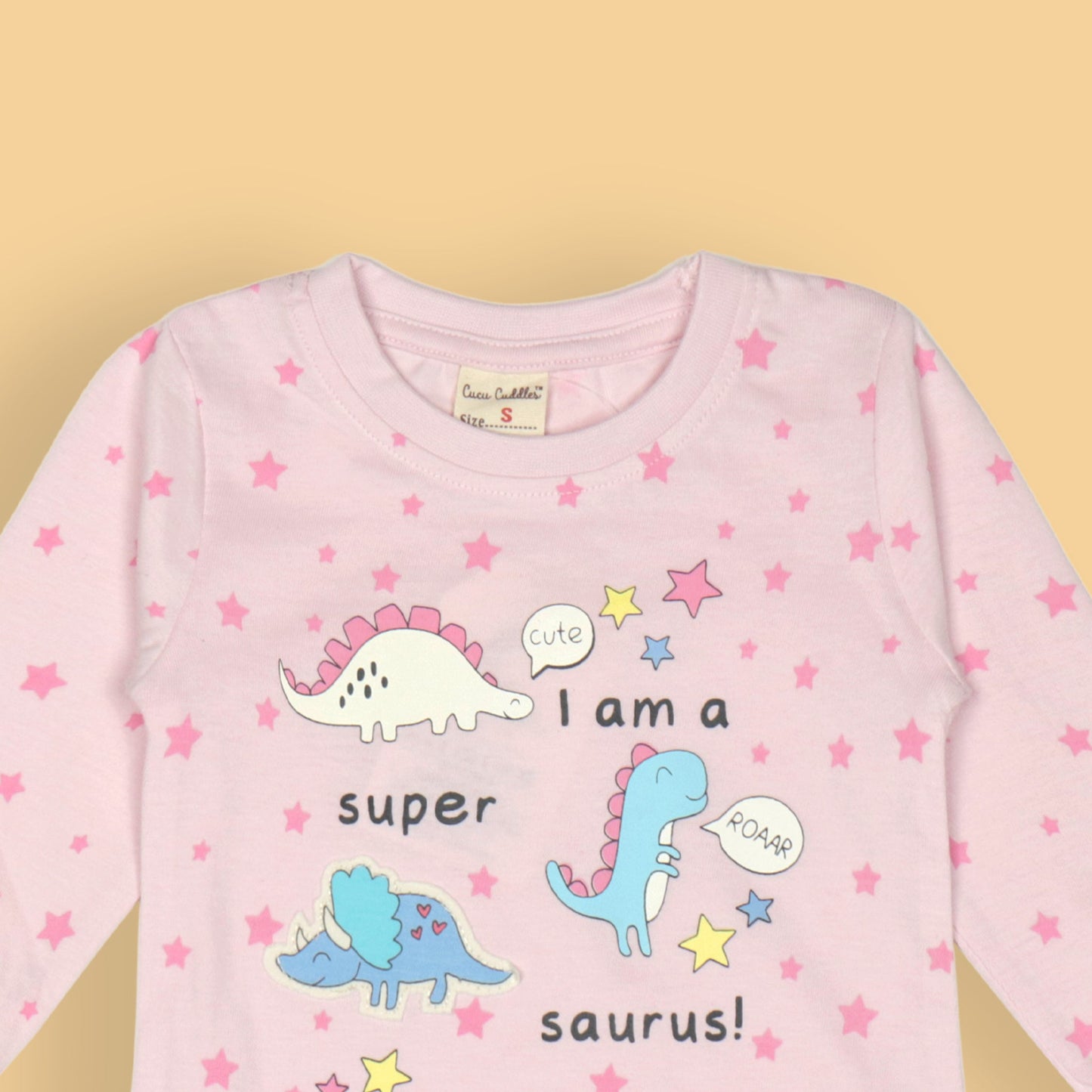 I Am a Super Saurus! Light Pink Tee by Cucumber – Girls’ Full Sleeves, Dino & Star Print, Soft Cotton Comfort
