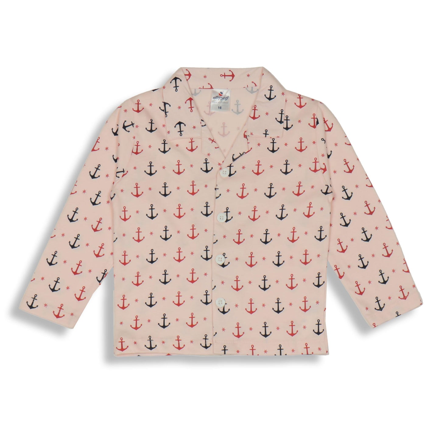 Cute Ollypop Baby Pink Sinker Knit Night Suit in Nautical Theme – Full Sleeves, Front Open, Anchors Print