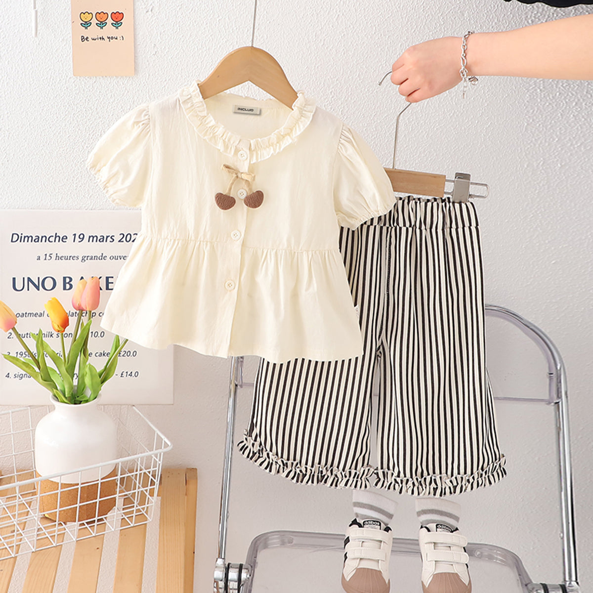 Girls Apricot Puff Sleeves Frilled Neck
Peplum Top With Striped Pants Set