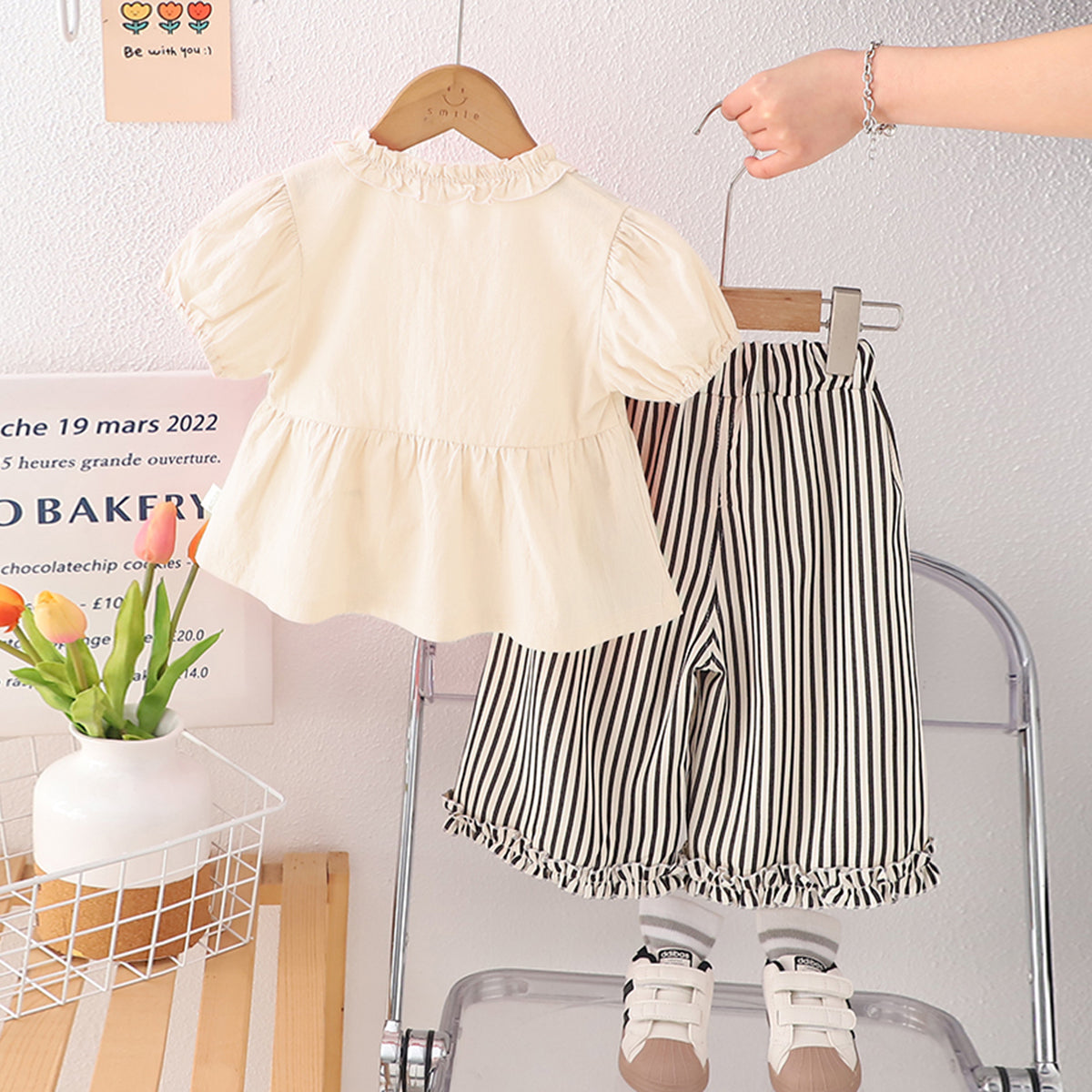 Girls Apricot Puff Sleeves Frilled Neck
Peplum Top With Striped Pants Set