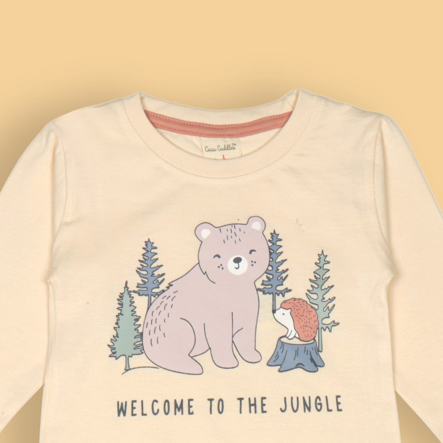 Welcome to the Jungle Set by Cucumber – Cream Full Sleeve Tee & Coral Jogger Pants, Soft Cotton Playwear
