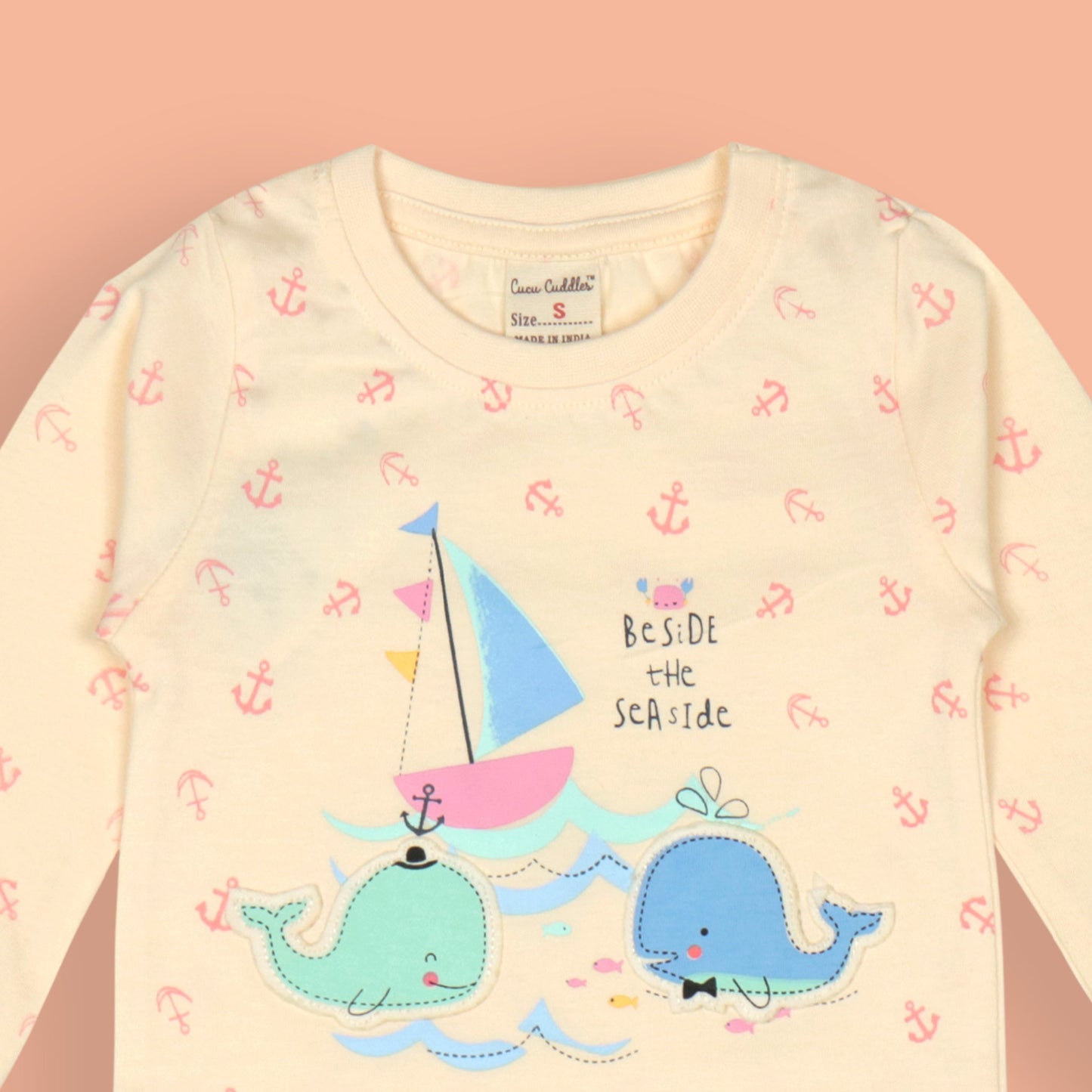 Cute Be Side the Seaside Cream Tee by Cucumber – Girls’ Full Sleeves, Soft Cotton, Sea Theme, Perfect for Summer Play