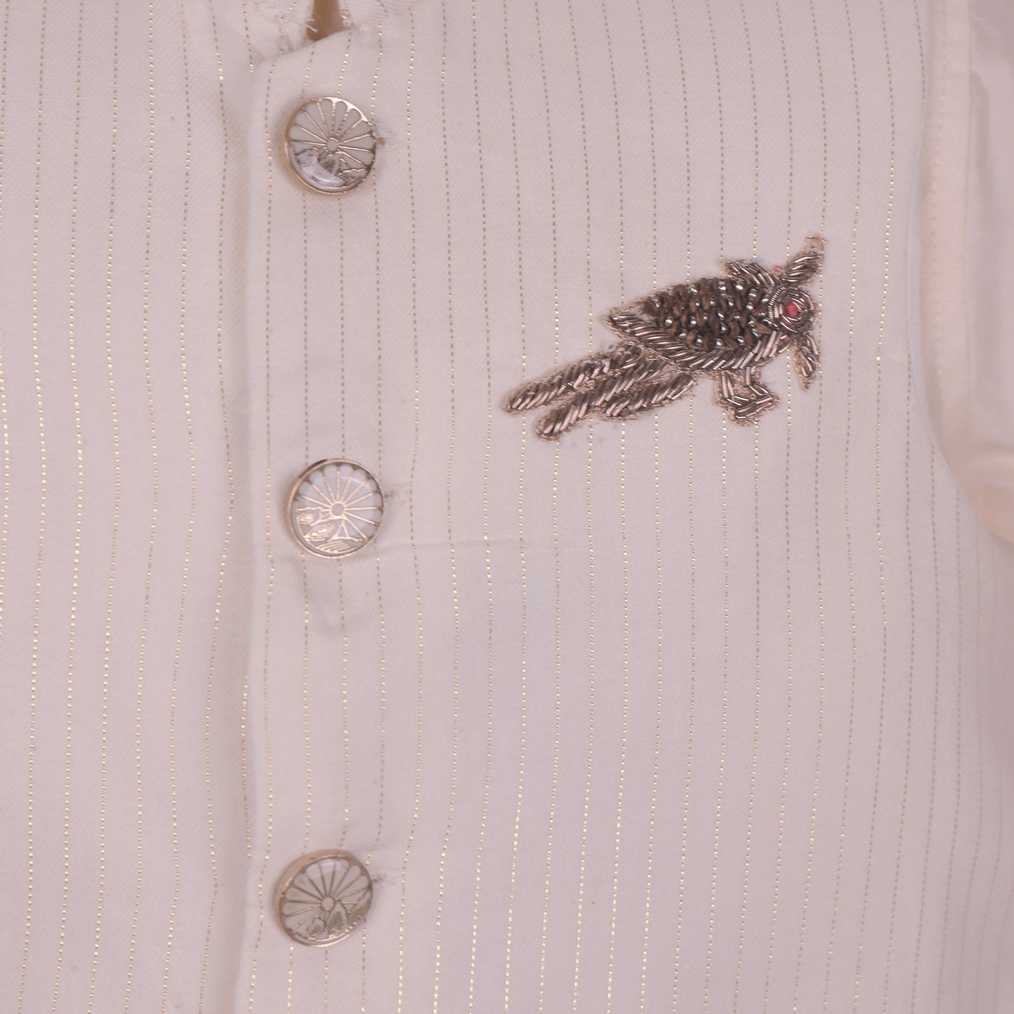 Classic Cream – Boys’ Kurta Pyjama with Striped & Embellished Jacket
