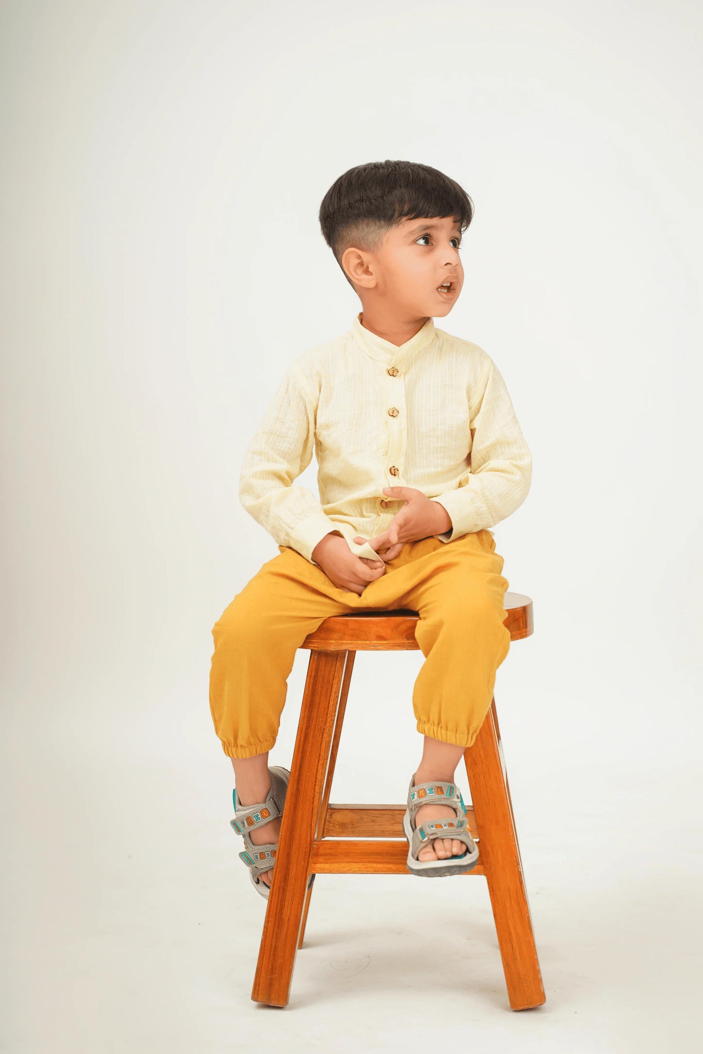 Peekaboo Boy’s Cream Solid Shirt & Comfortable Striped Cotton Pants