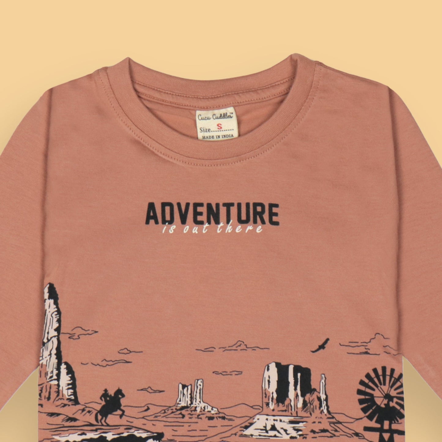 Adventure is Out There Light Peach Tee – Cucumber Unisex Full Sleeves, Soft Cotton Blend, Stylish Comfort